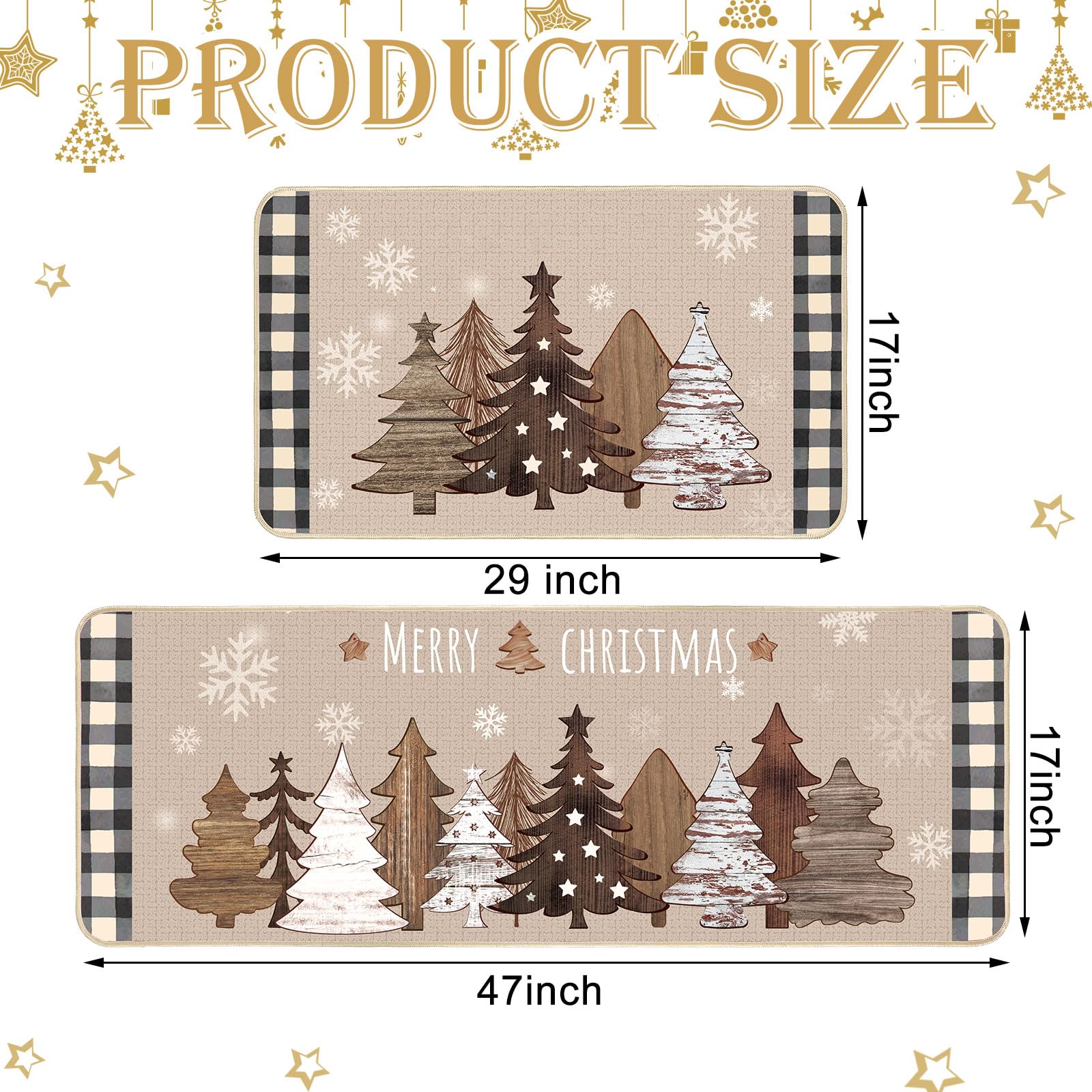 Maasechs 2 Pcs Brown Kitchen Rugs Mat Merry Christmas Decorations Wooden Tree Snow Xmas Holiday Winter Christmas Floor Mats for Holiday Outdoor Home Farmhouse Decorations,17 x 29 Inch,17 x 47 Inch