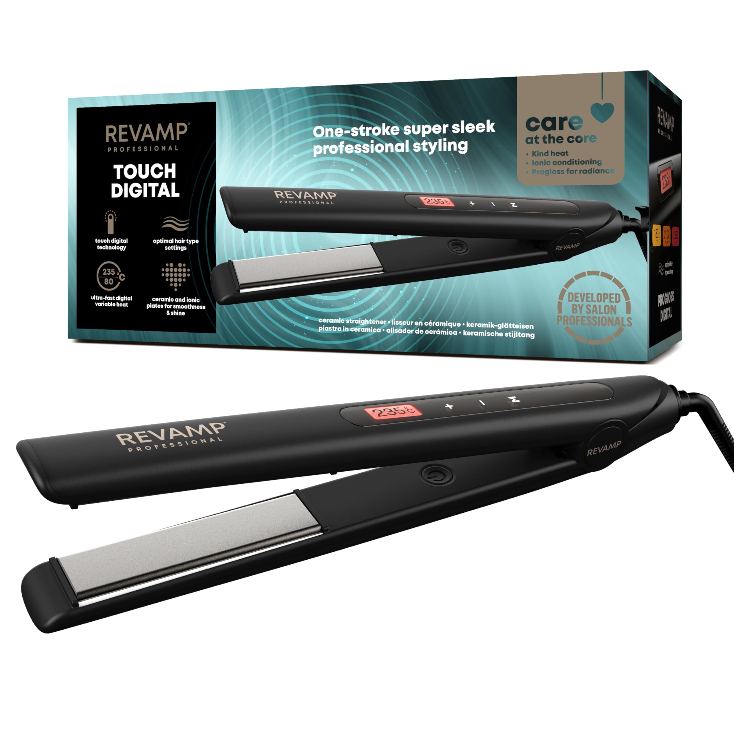 REVAMP Progloss Touch Digital Plancha de Pelo con Placas de Cerámica – Alisadora y Moldeadora de Cabello para Alisado y Rizado, Control Táctil del Calor, Iónes Negativos, Cable Giratorio de 3m