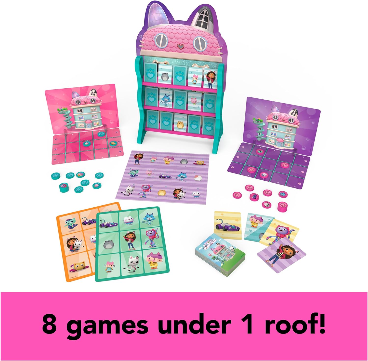Gabby’s Dollhouse, Games HQ Checkers Tic Tac Toe Memory Match Go Fish Bingo Cards Board Games Toy Gift Netflix Party Supplies, for Kids Ages 4 and up