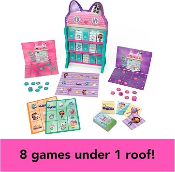 Gabbys Dollhouse, Games HQ Checkers Tic Tac Toe Memory Match Go Fish Bingo Cards Board Games Toy Gift Netflix Party Supplies, for Kids Ages 4 and up