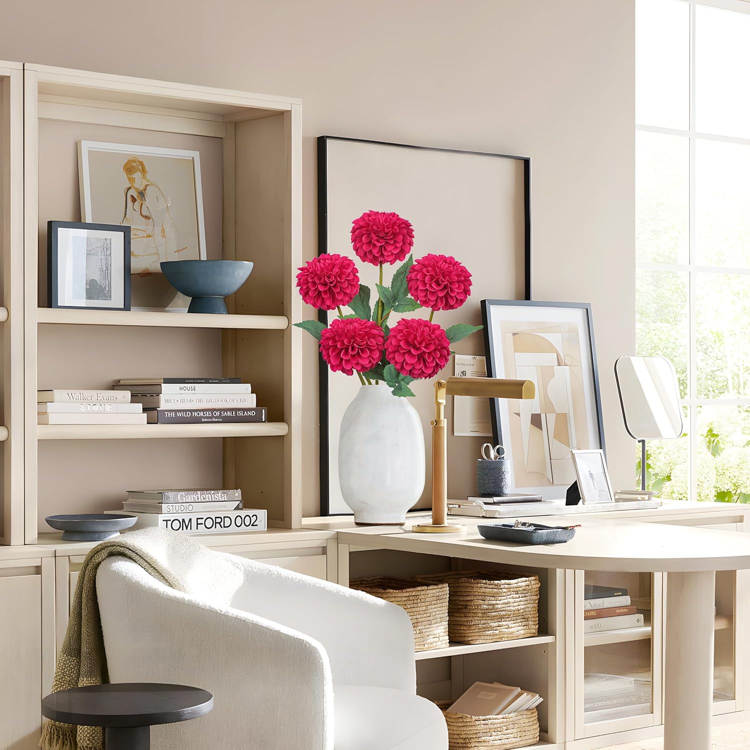 Hollyone 5PCS Artificial Dahlia Flowers Large 21.2" Fake Silk Flowers Rose Red Real Looking Dahlia with Long Stems for DIY Wedding Bouquets Centerpieces Arrangements Bridal Party Home Decorations - Image 7