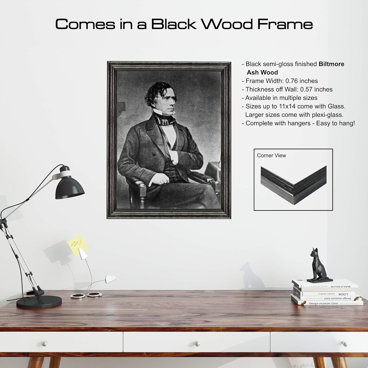 Franklin Pierce Photograph in a Black Wood Frame - Historical Artwork from 1855 - US President Portrait - (5" x 7") - Gloss