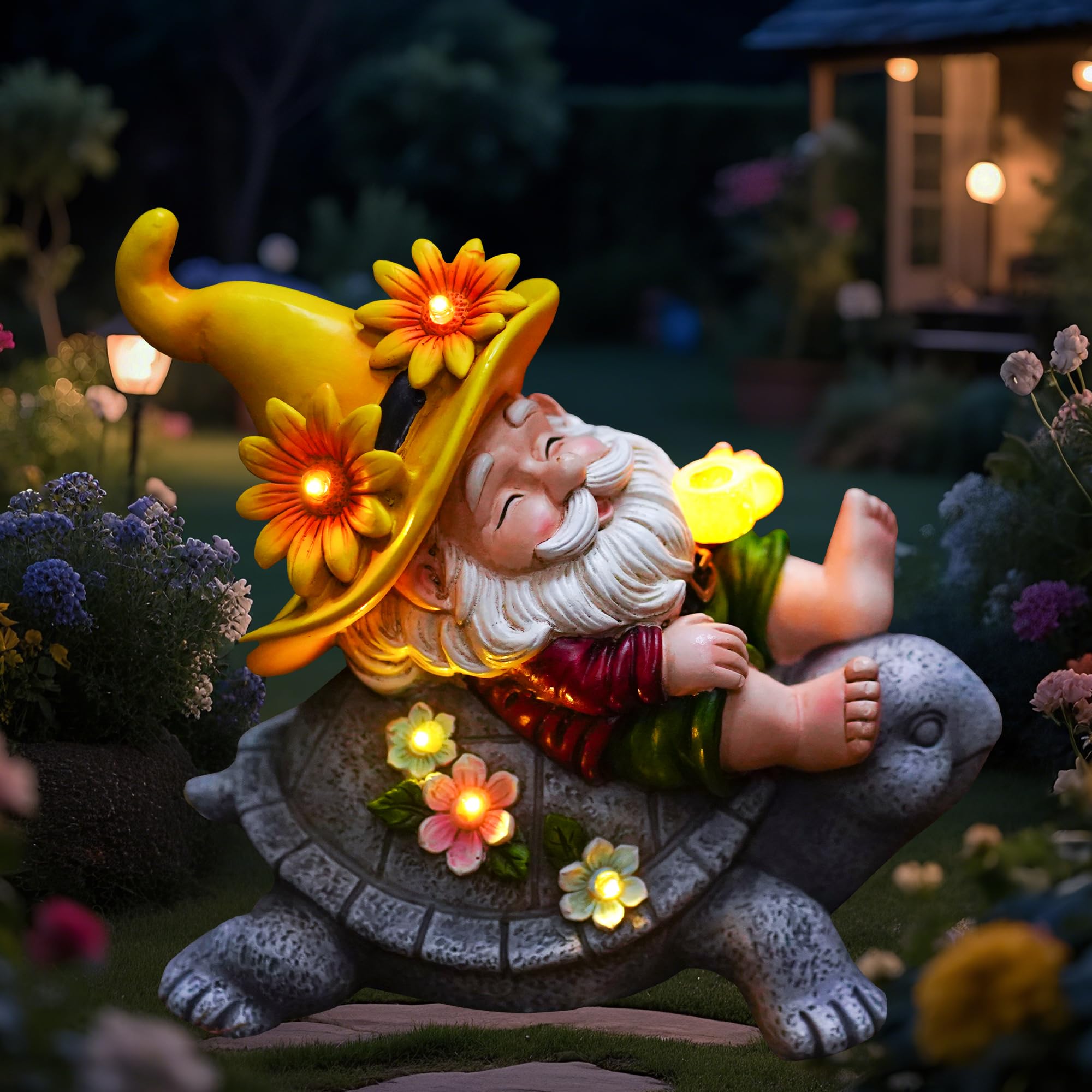CFFOWNUG Garden Gnomes Outdoor Decor: Funny Sunflower Gnome Sitting on Turtle with Solar Lights Outside Decoration for Lawn Yard Patio Garden Gifts