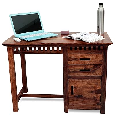 Furniture Plaza Solid Sheesham Wood Cherish Writing Study Table with 2 Drawer and Door Laptop Desk for Home Office Wooden Furniture Office Desk for Study Room (Natural Finish)