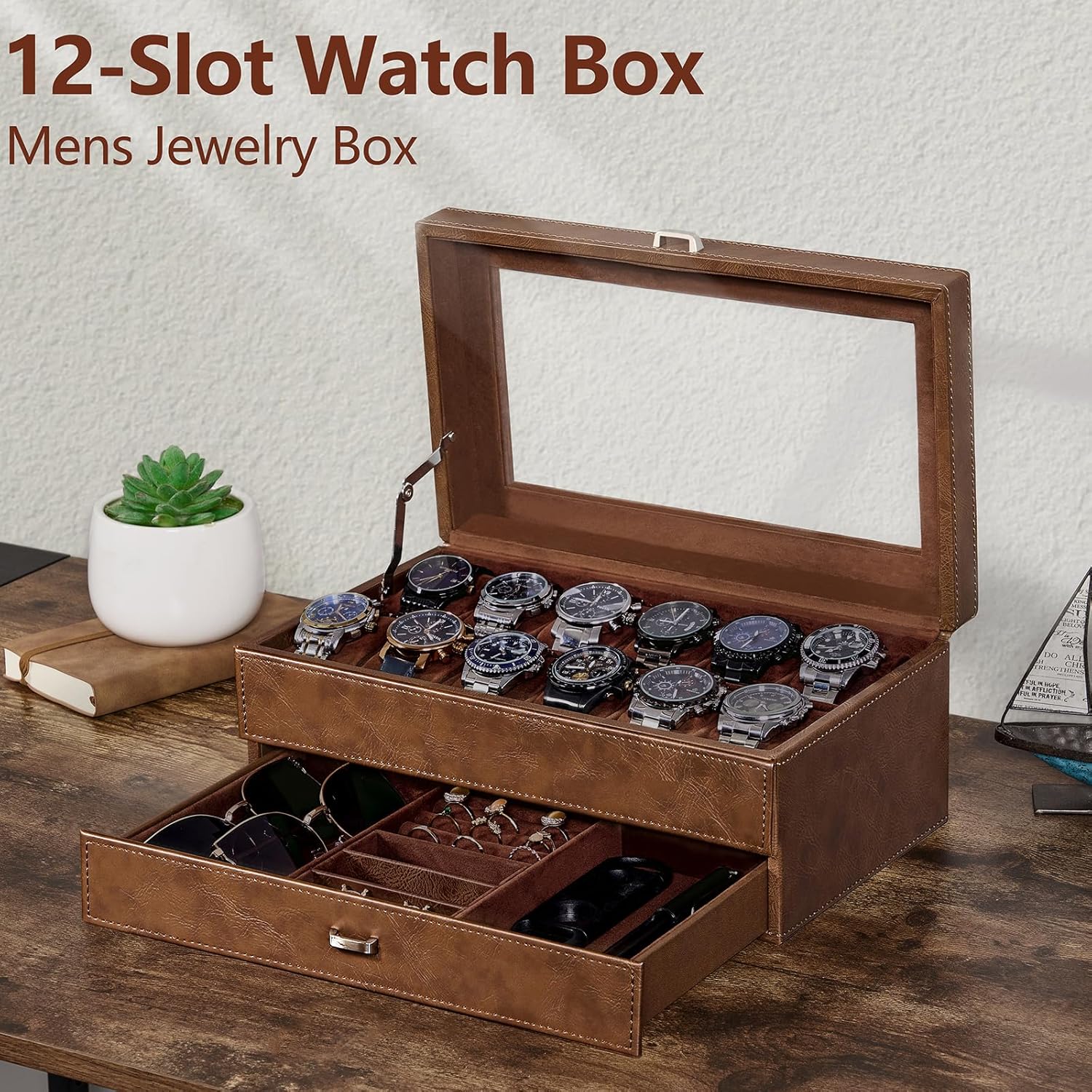 BEWISHOME Watch Box for Men, 12-Slot Watch Case, 2-Layer Watch Case With Drawer, Mens Jewelry Box with Large Glass Lid, Watch Display Case Watch Holder Organizer Watch Storage for Men Women Espresso - Image 3