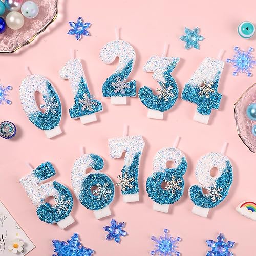 Miniatura 4 de Velas de cumpleaños de Frozen del 0 al 9, velas de números con purpurina de copo de nieve, decoración de pasteles blancos y azules para niños y