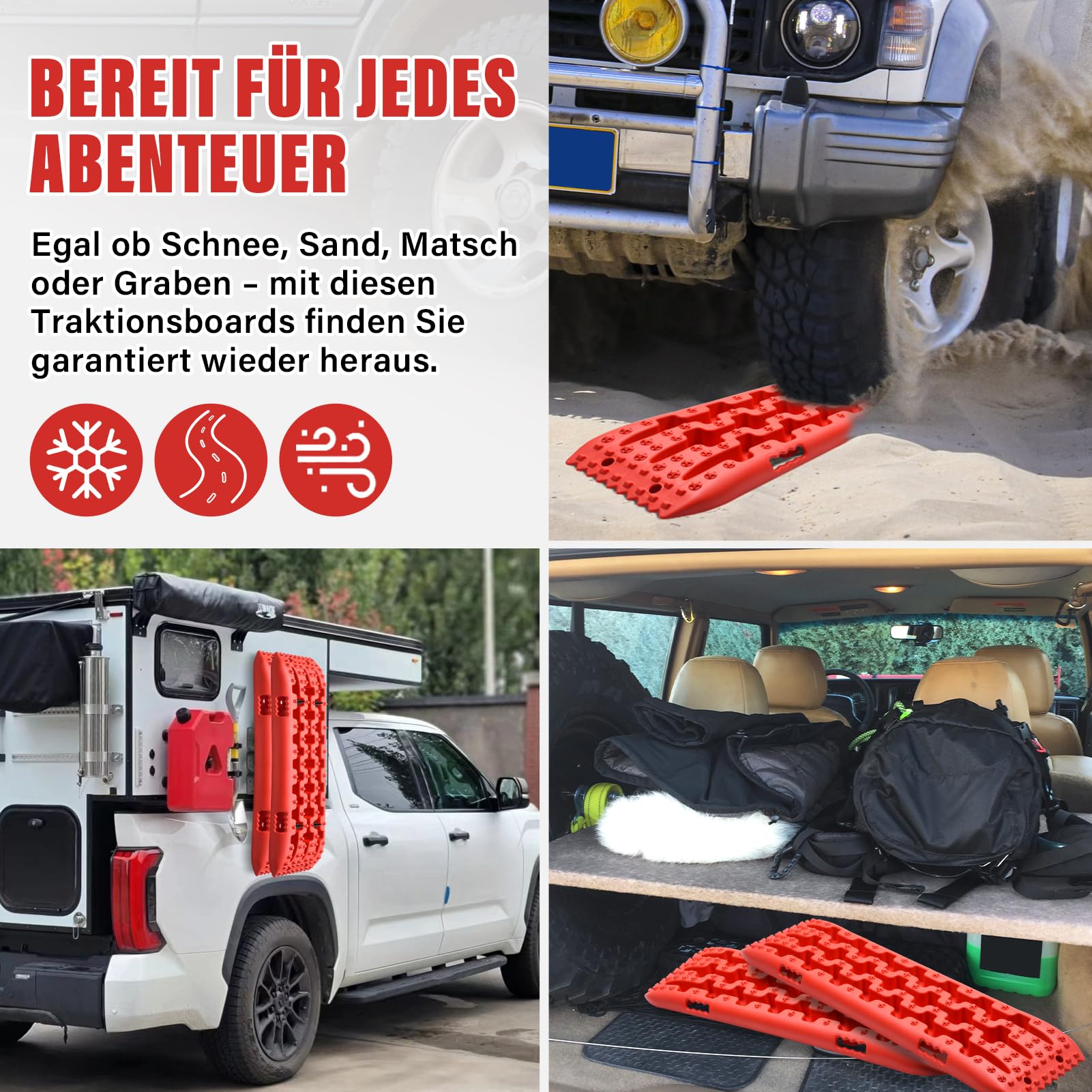 Tablero De Tracción Para Nieve Y Barro, 2 Piezas - Alta Resistencia 10 Toneladas, Diseño Antideslizante Con Clavos En Cruz Y Pentágono, Para Vehículos Todo Terreno | Negro, Rojo, Naranja