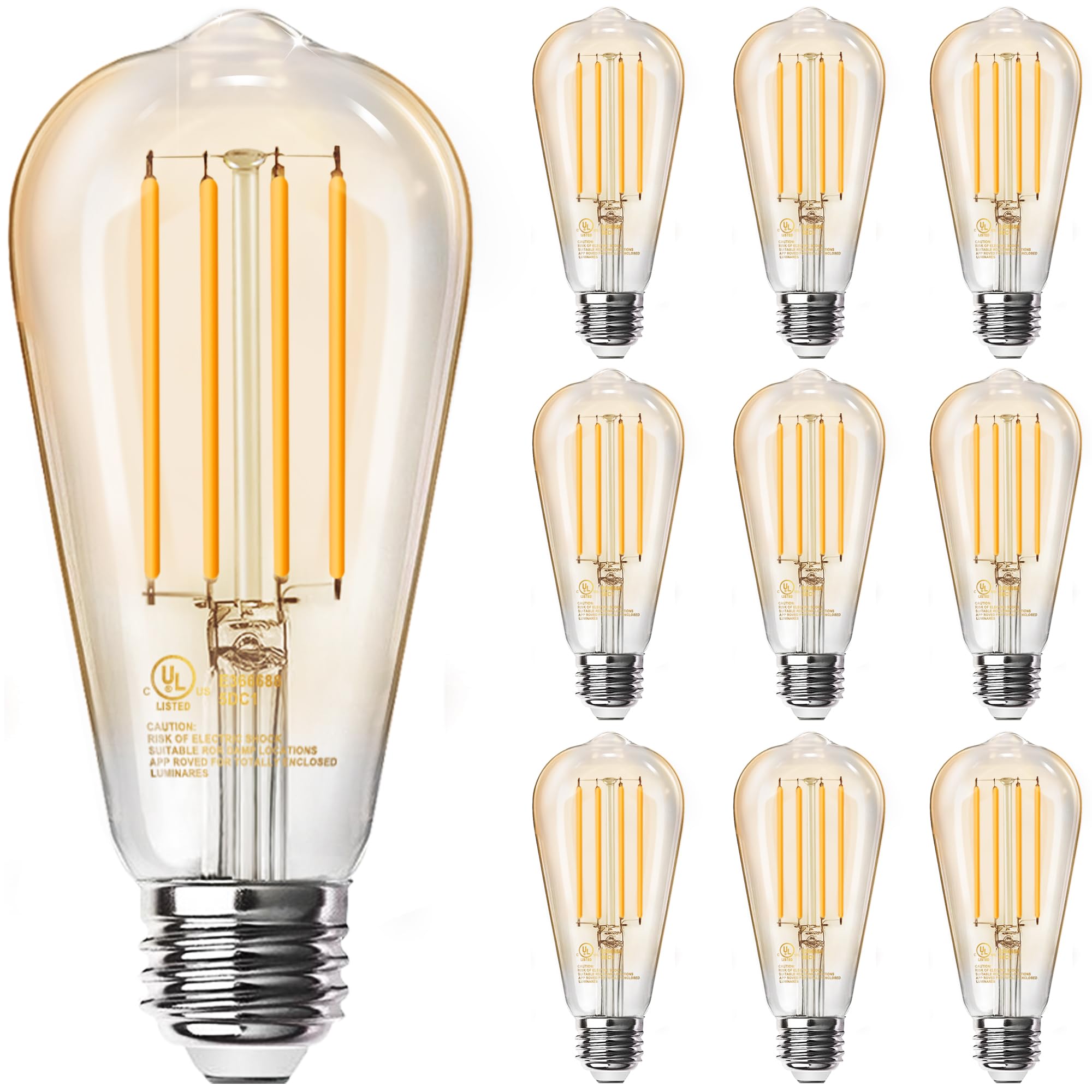 TJOY 10 Pack Vintage LED Edison Amber Light Bulbs, 60W Equivalent, Dimmable, 8W, 800 Lumens, 2200K Soft White, ST58, E26 Base LED Filament Bulbs, CRI80+, Antique Glass Style for Home, Bedroom