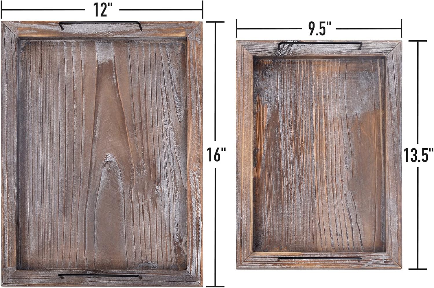 RHF Vintage Serving Tray, Rustic Wood Rectangular Tray Set, Ottoman Trays with Metal Handles, Platter for Breakfast, Lunch, Dinner, Drinks and Food, Used in BBQ, Parties, Set of 2