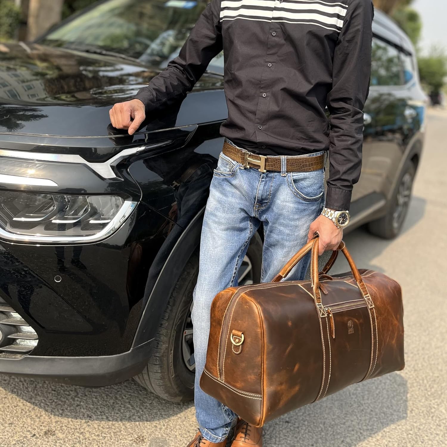 24" Leather Duffle Bag for Men and Women, Full Grain Leather Travel Overnight Weekender Sports Gym Carry On Duffel Bag by Rustic Town (Antique Brown)