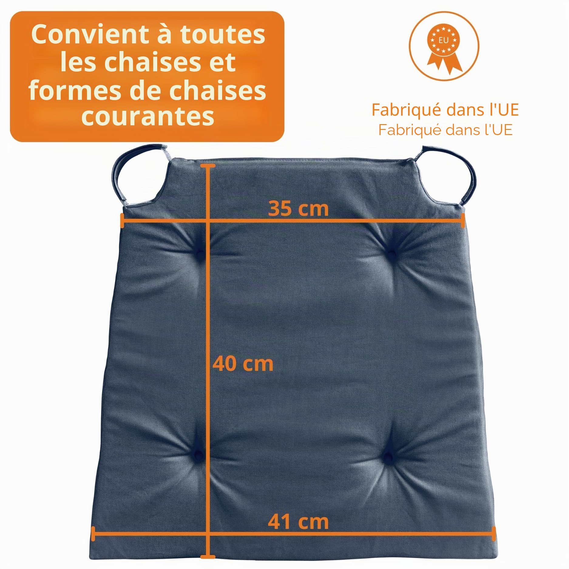 sleepling 194582 Lot de 4 Coussins de Chaise | Coussin de siège | pour intérieur et extérieur | 100% Coton | Made in EU | Tailles: 42 (Devant) 35 (derrière) x 40 x 5 cm, Bleu foncé