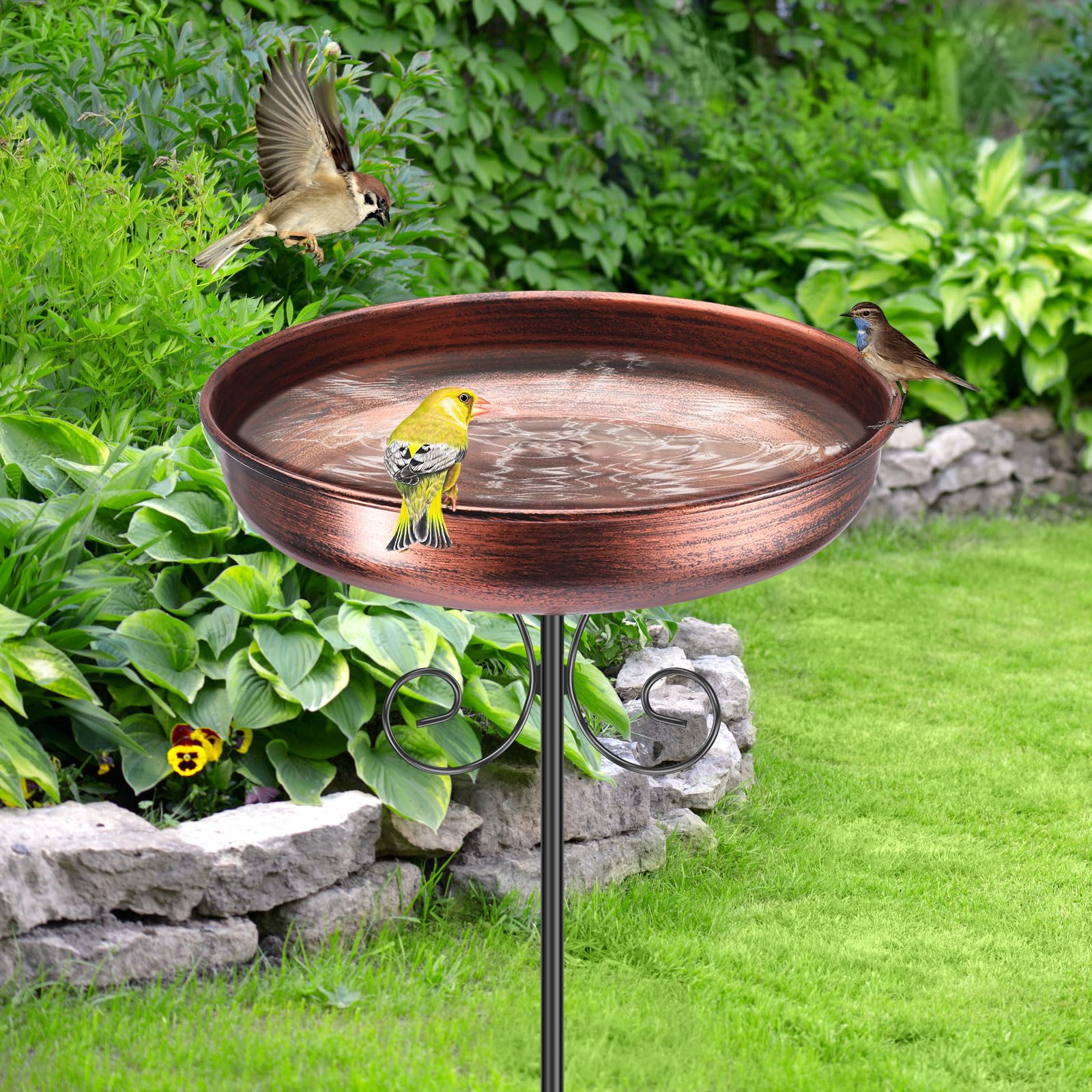 Shaojian Brown Metal Bird Bath For Garden 32 Inch Vintage Freestanding Birdbaths & Supports Outdoor Decorative Bird Bath Bowl & Birdfeeder With 5 Prongs Base Stake For Outdoors Garden Patio Yard Lawn Decor(25Cm)