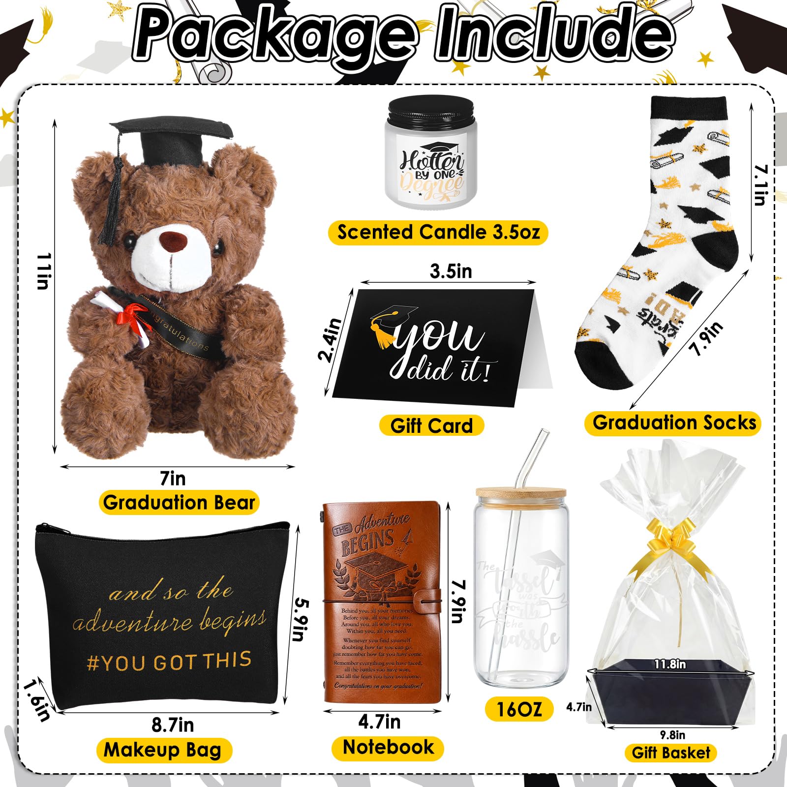 Baderke 8 Pcs 2026 Graduation Gifts Set for Her Congrats Grad Gift Basket Contents Plush Bear Notebook Glasses Cup Makeup Bag Scented Candle Socks Gift Card Graduated Favors for High School College