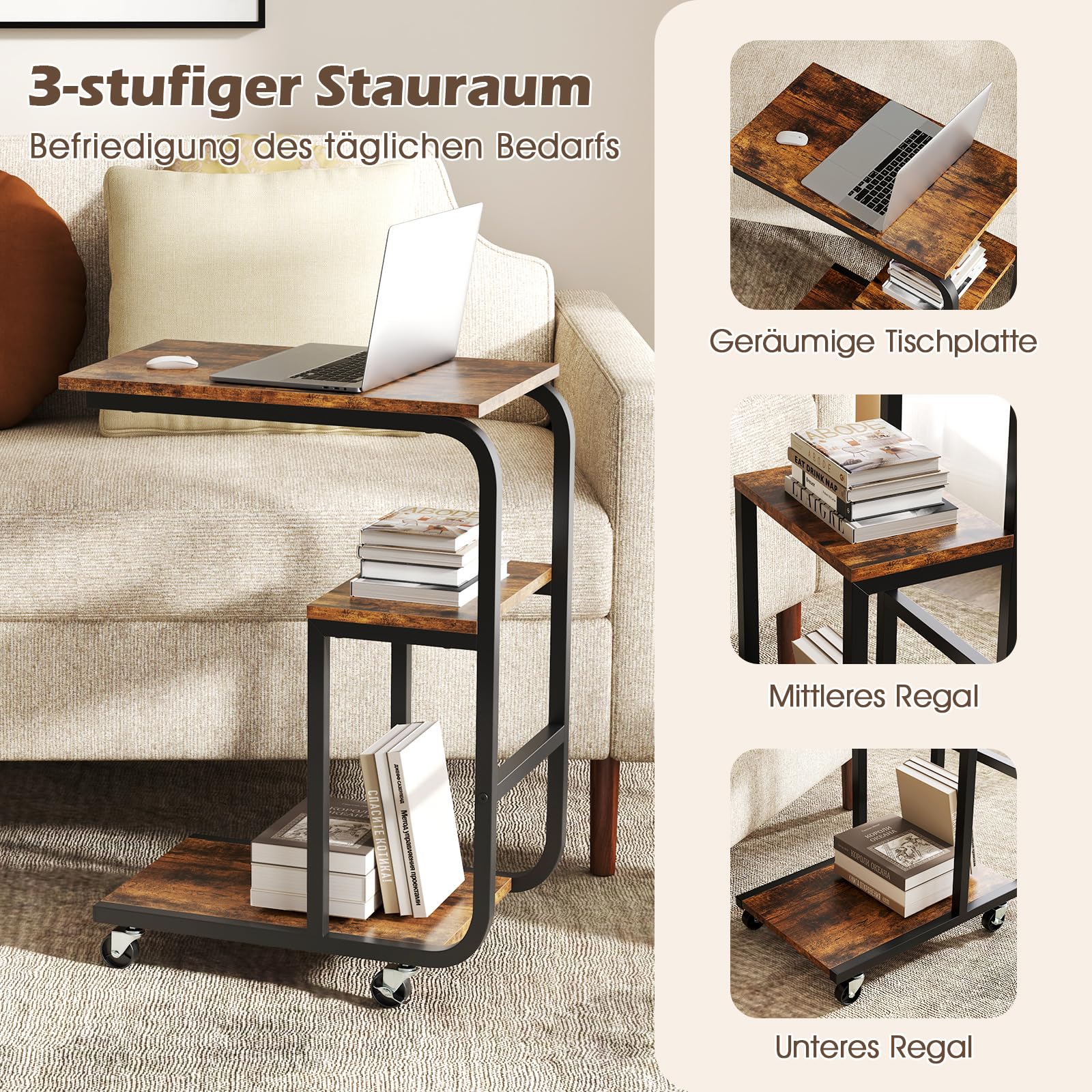 COSTWAY Stolik pomocniczy, stolik kawowy na kółkach, w kształcie litery C, 3 poziomy, mobilny, do salonu, metalowa rama, do kawy i laptopa, 53 x 30 x 70 cm, wzornictwo przemysłowe (2)