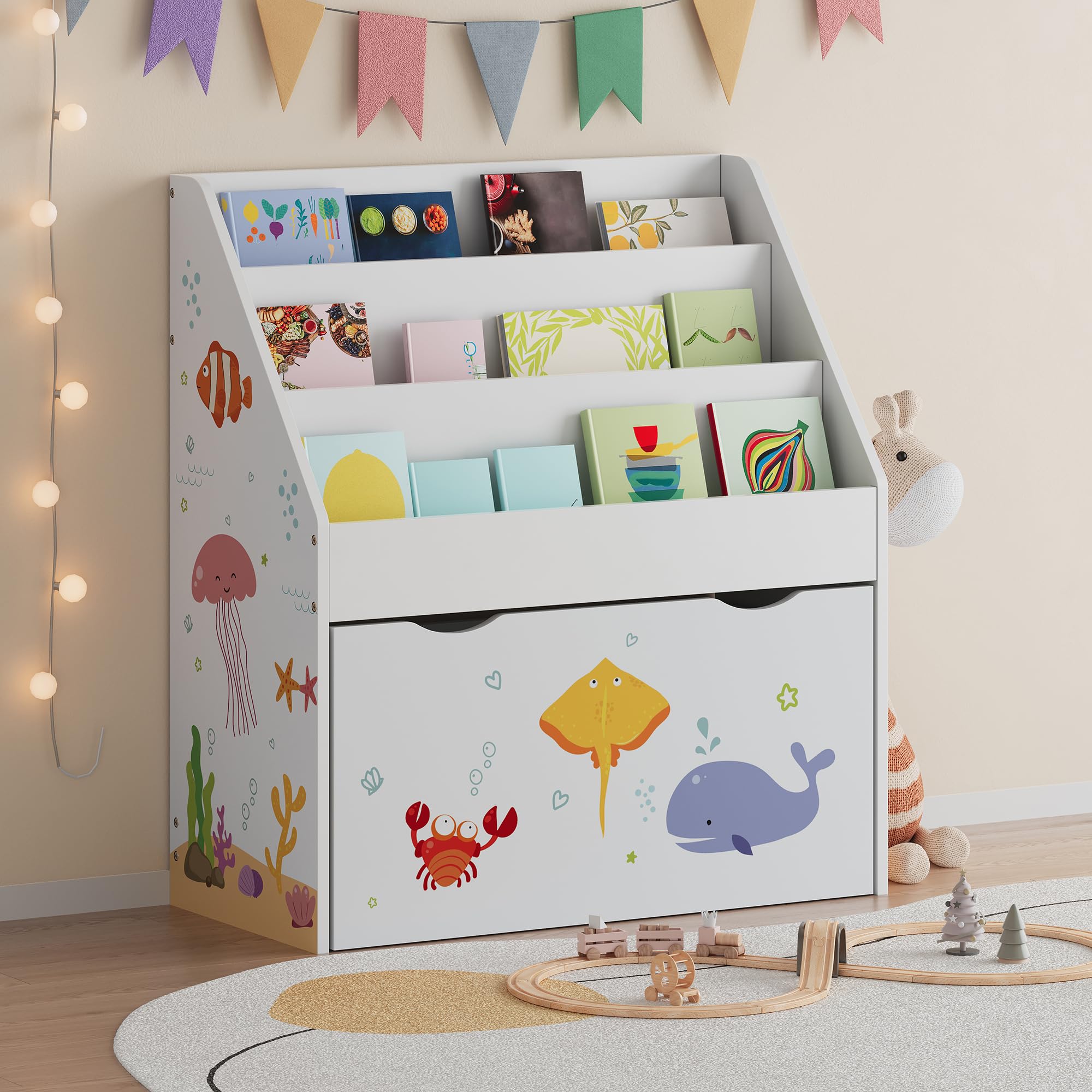 [en.casa] Étagère pour Enfants avec 3 Compartiments de Rangement Ouverts et 1 Tiroir sur roulettes Meuble de Stockage Coins Arrondis Panneau de Particules 70 x 63 x 30 cm Blanc Motif Aqua Dream