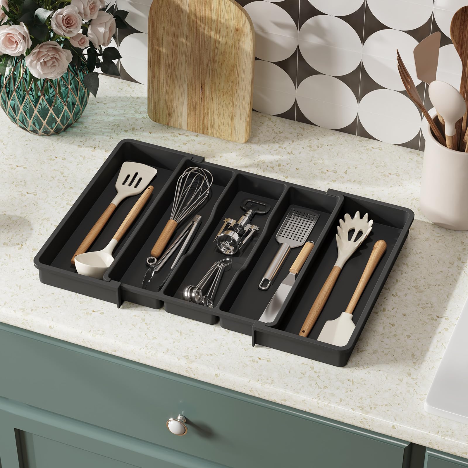 Lifewit Organizador de Cajones de Utensilios, Organizador Cubiertos Expandible para Cocina, Soporte de Cubiertos Ajustable para Cajon, Profundidad de 38 cm, Ampliable a 57 cm, Lote 1, Negro
