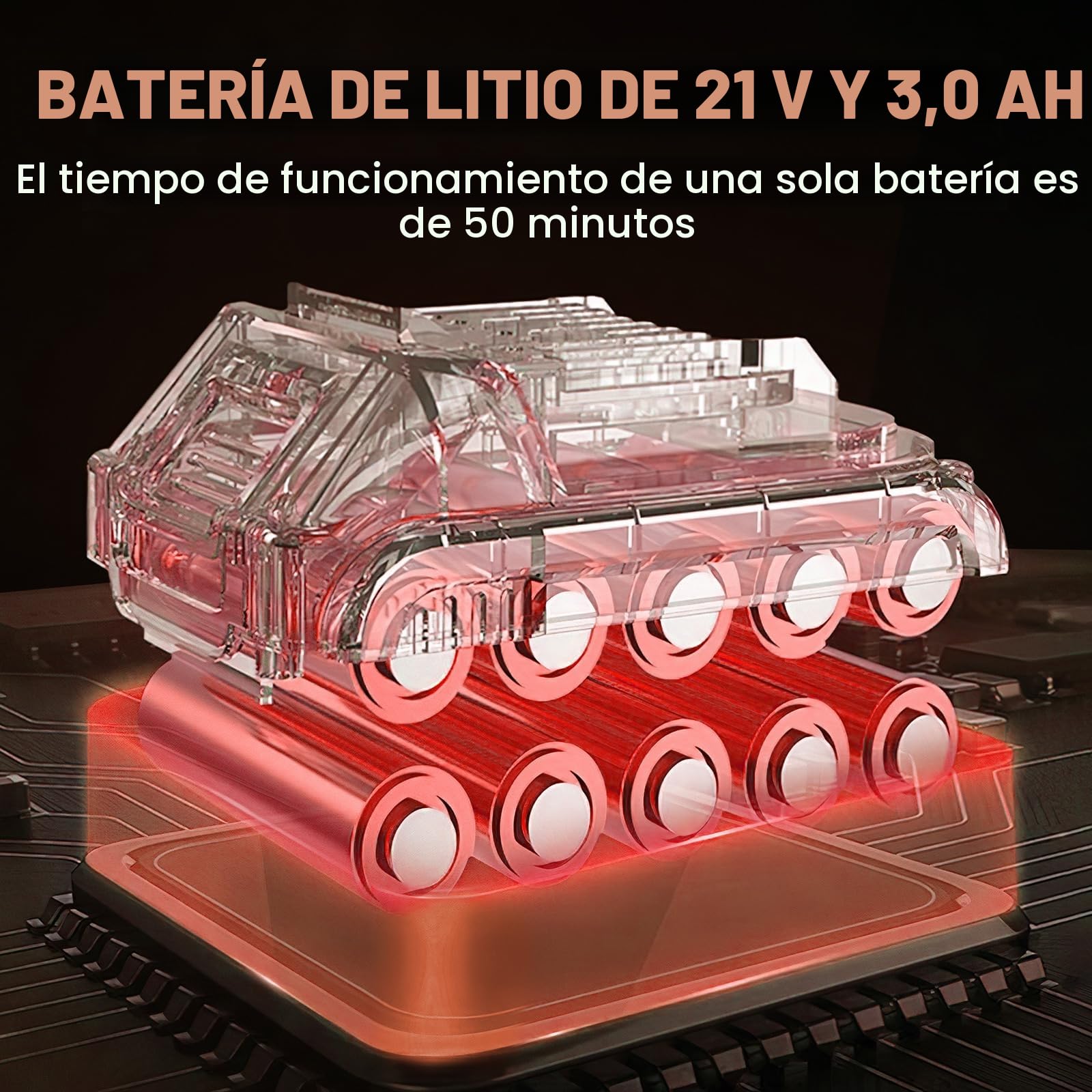 Desbrozadora Bateria 21V, Desbrozadora Electrica con 2 x 3.0Ah Baterías y 3 Cuchillas, Ruedas Desmontables, Varilla Telescópica, Cortacésped de Batería Plegable para Recortar Césped y Arbustos