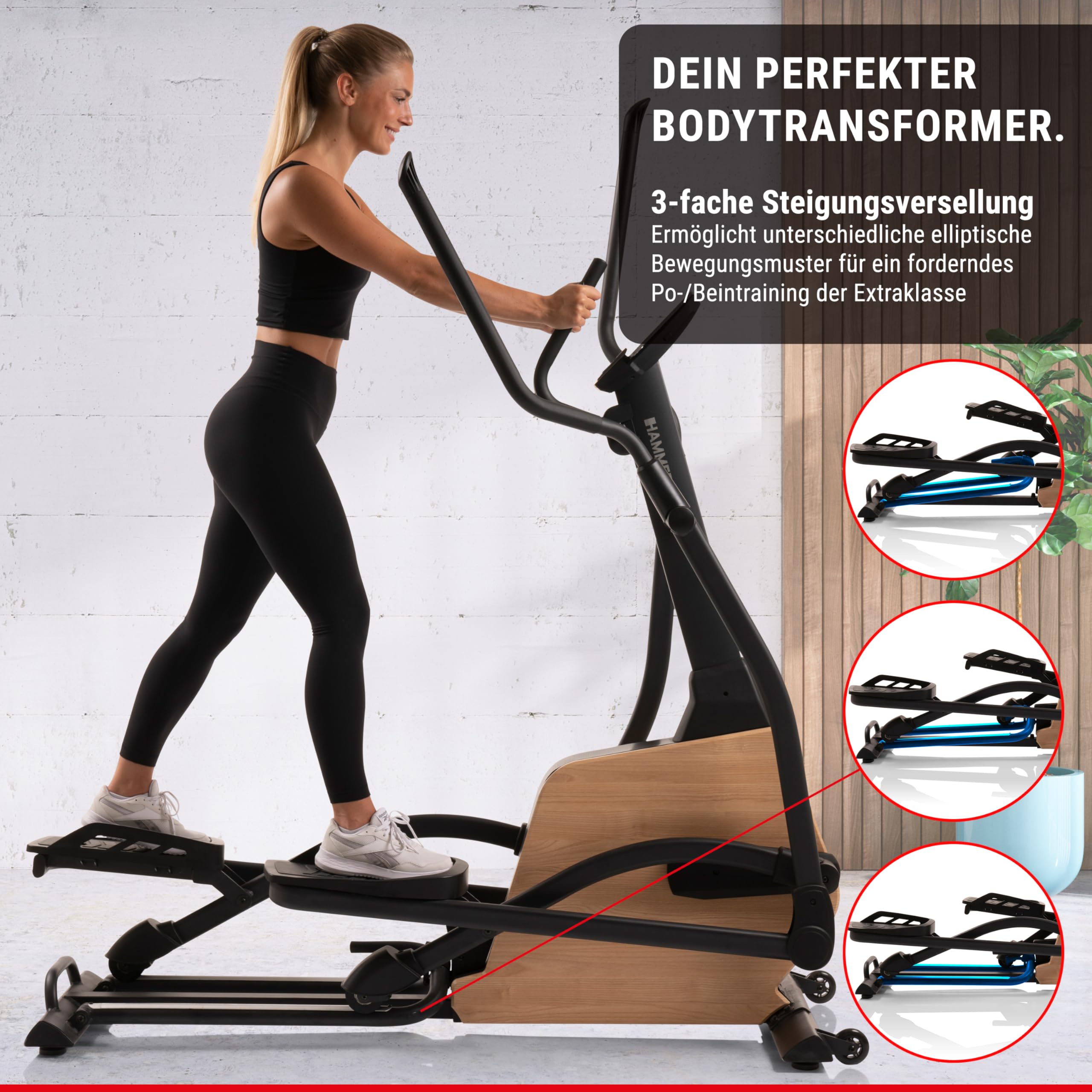 HAMMER Ellipsentrainer CrossPace 5.0 NorsK, 3-fache Steigung, 24 Programme, 20 kg Schwungmasse, Kinomap & Zwift
