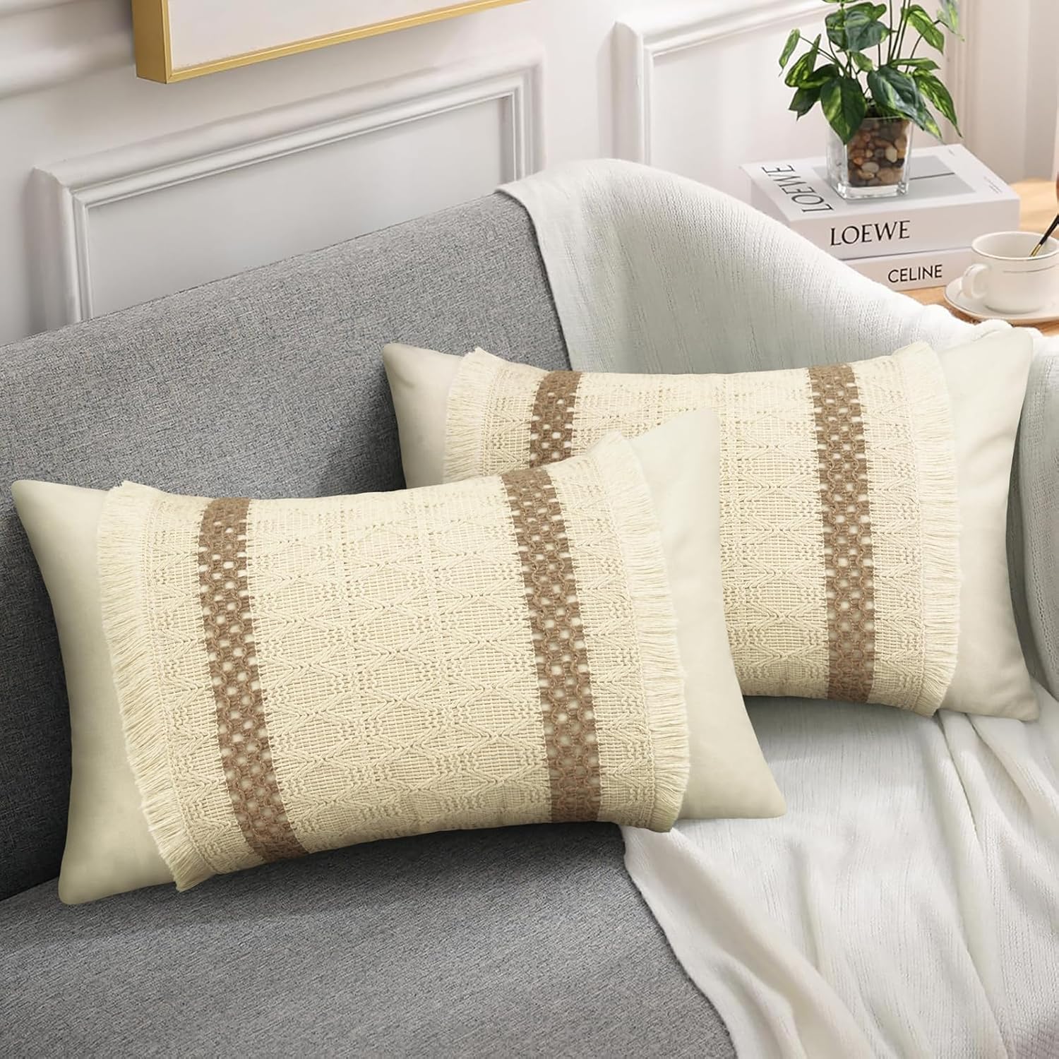 Merrycolor Boho Lumbar Throw Pillow Covers 12 x 20 Inch Set of 2 Farmhouse Burlap Linen Pillow Covers Beige Neutral Pillowcase Boho Pillow Covers Decorative Pillows for Bed Couch Sofa