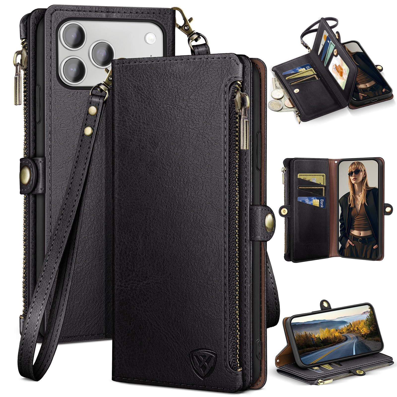 XcaseBar Compatible with iPhone 17 Pro 6.3" Wallet case with Zipper Credit Card Holder【RF…