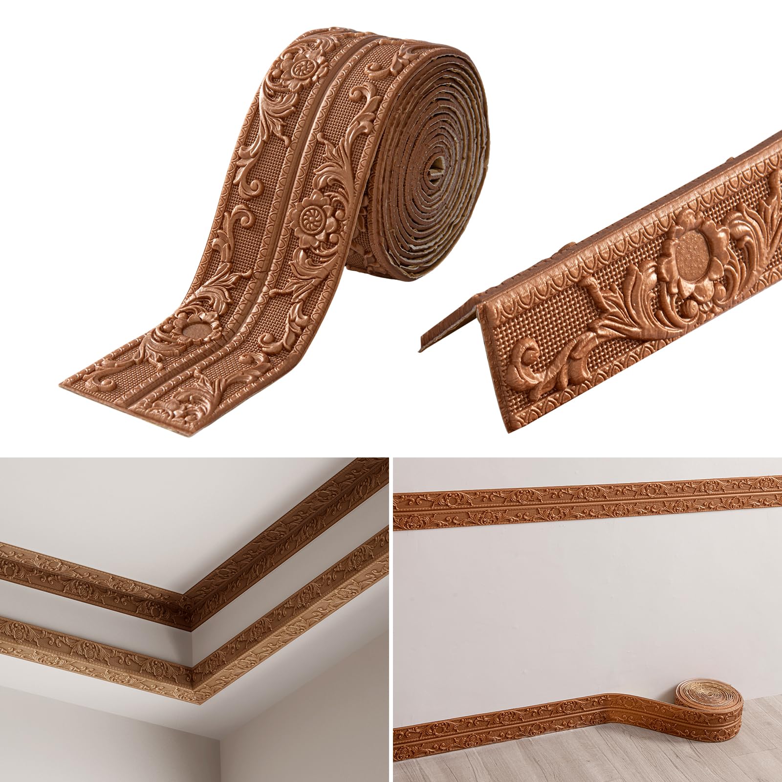 Inscrip Wallpaper Borders Self Adhesive, 10cmx5Mx8mm Skirting Board Trim, Peel and Stick Wall Border Trim, Skirting Board Covers, 3D Anti-Collision Line Border Roll Wall Trim (Coffee)