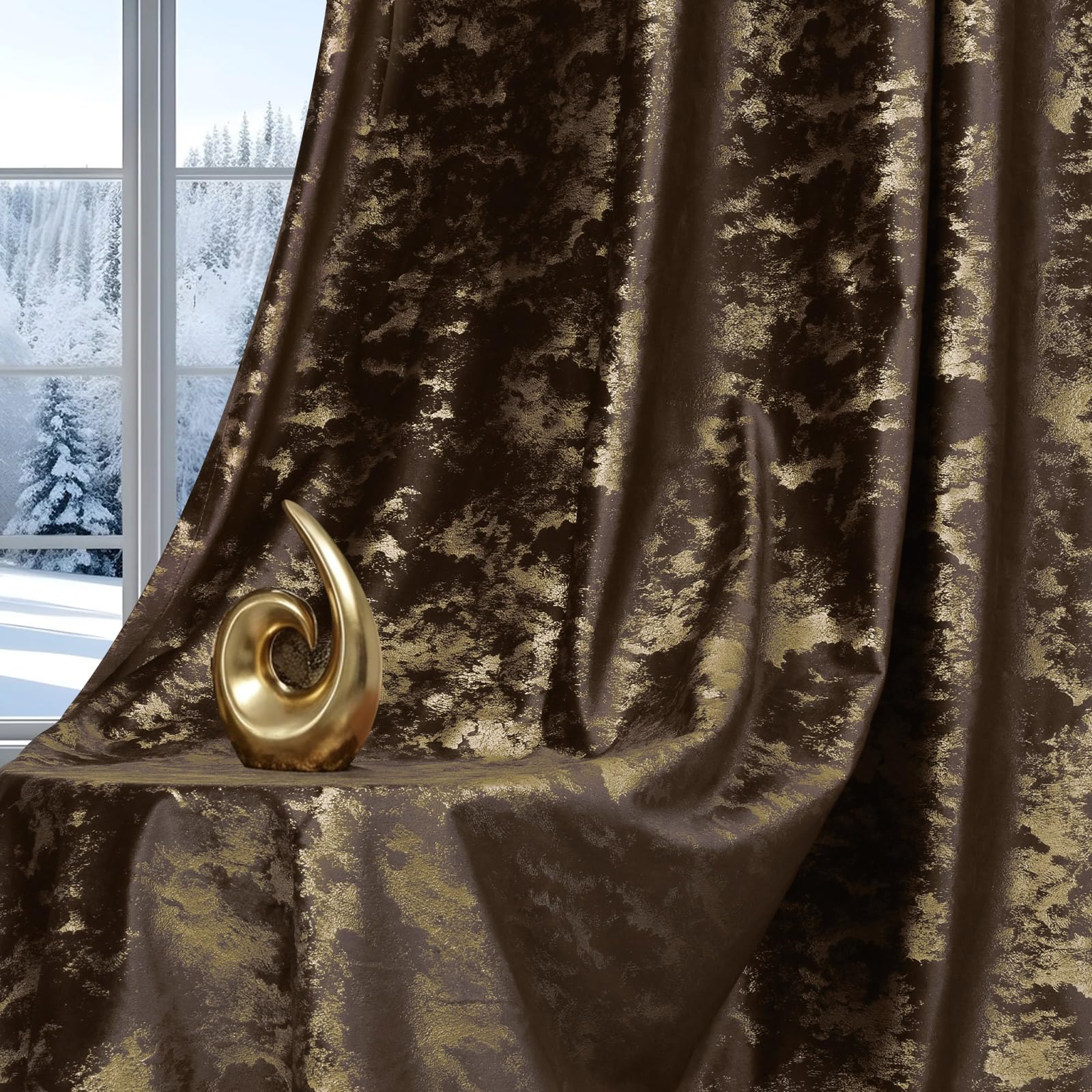 Samtvorhang Kräuselband 2er set, Luxus Vorhänge Verdunkelung Samt, Velvet Gardinen Blickdicht Curtains mit Goldfolie Blätter Muster, Thermovorhang Wohnzimmer Schlafzimmer(H274xB132CM, Braun)