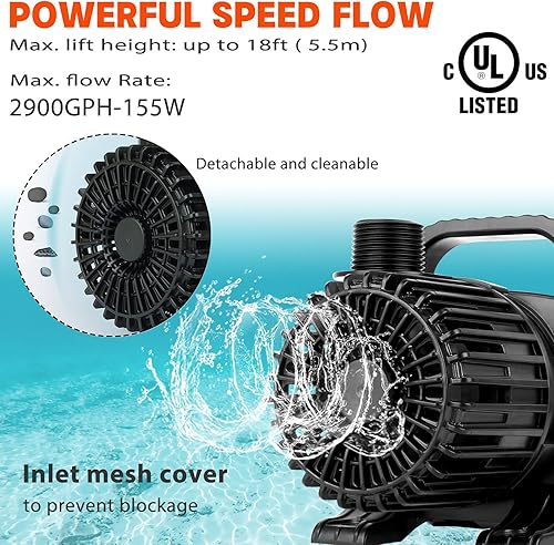Miniatura 2 de WaterRebirth (2900GPH-155W, UL listado) Fuente grande de alto flujo sumergible para estanque de agua Bomba de sumidero de estanque de acuario Bomba