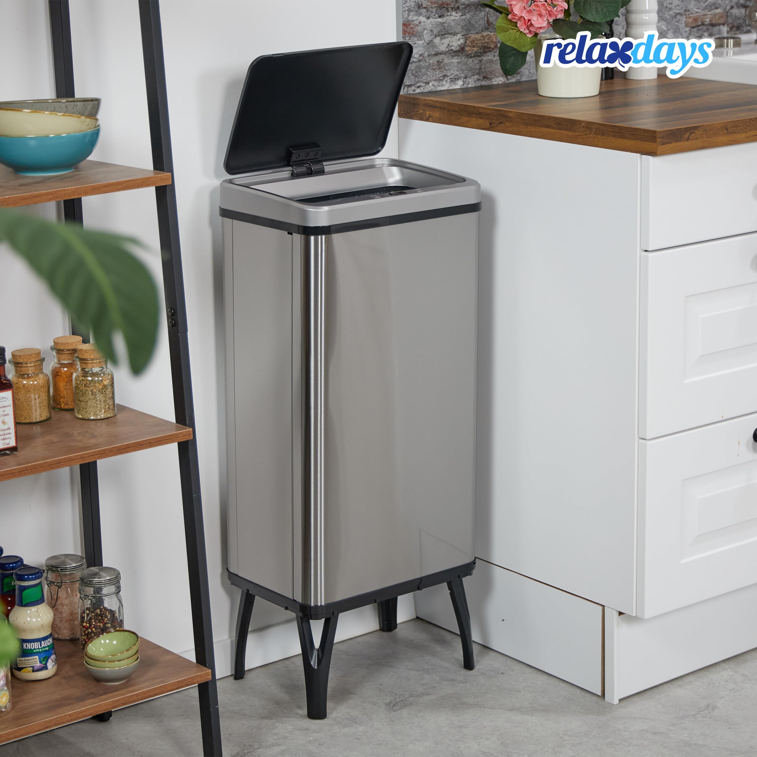 Relaxdays Mülleimer Sensor, 50 l, elektrischer Deckel, Müllbeutelhalter, Küchenmülleimer, Abfalleimer, Edelstahl, Silber