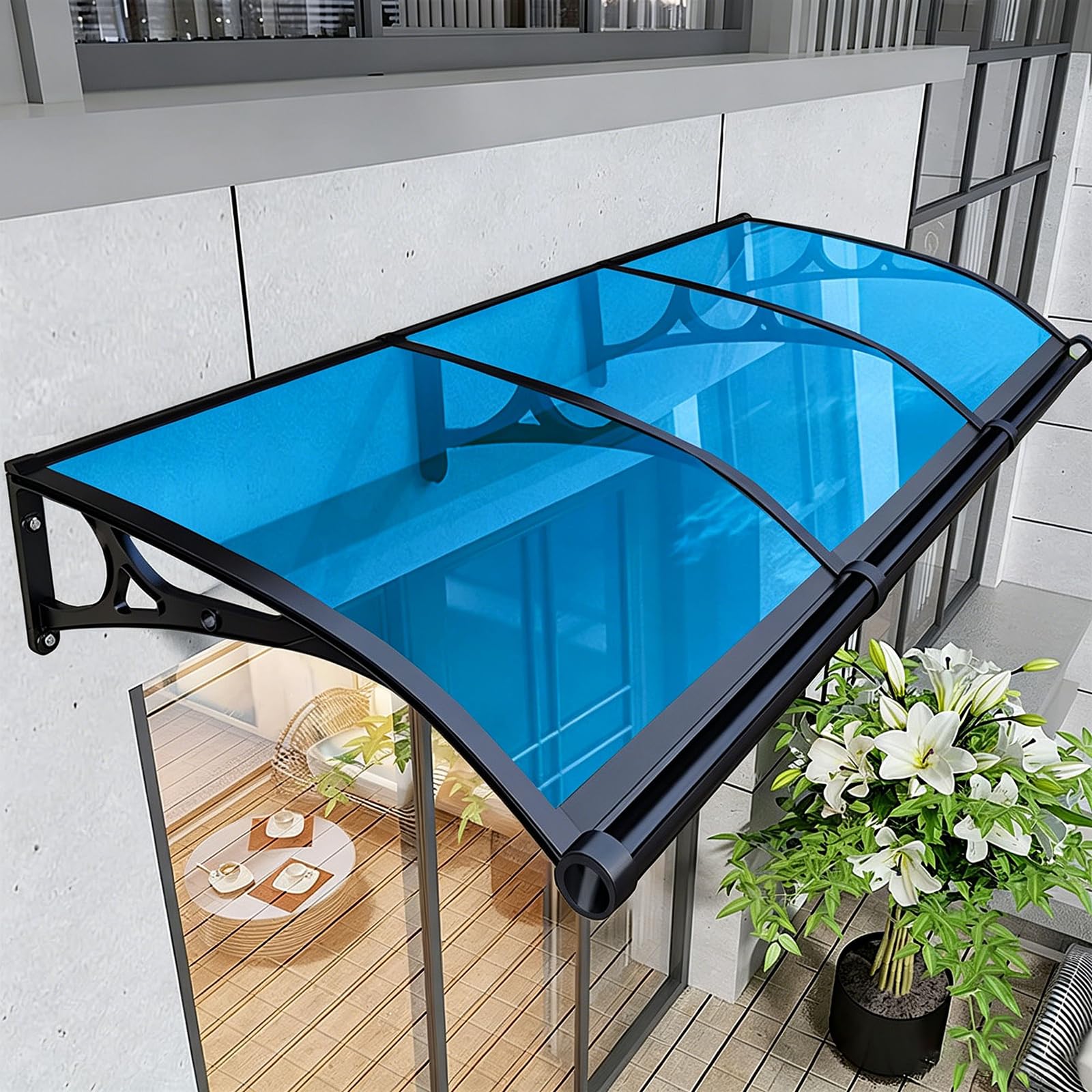 Auvent de porte en aluminium anti-UV, marquise de protection pluie bleu lac