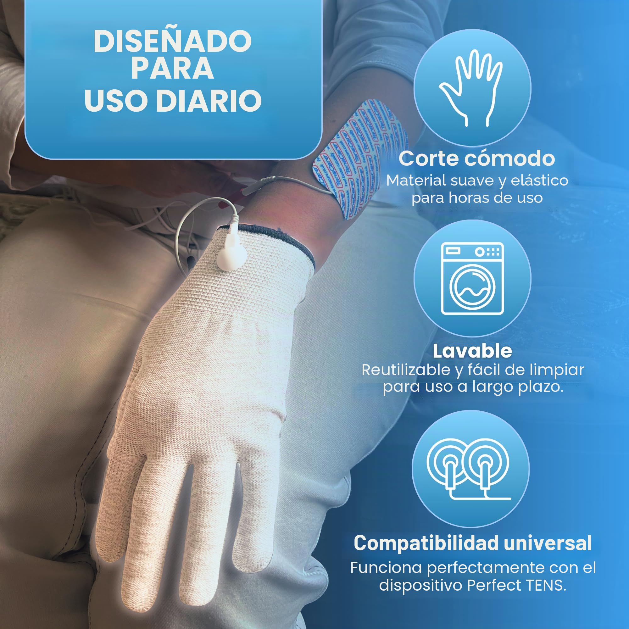 Tenscare Perfect TENS + Guante - Dispositivo de alivio del dolor + Guantes conductores (perfecto para artritis y artrosis) Talla L | Guante conductor reutilizable talla L, compatible con dispositivos TENS y EMS para mano y muñeca