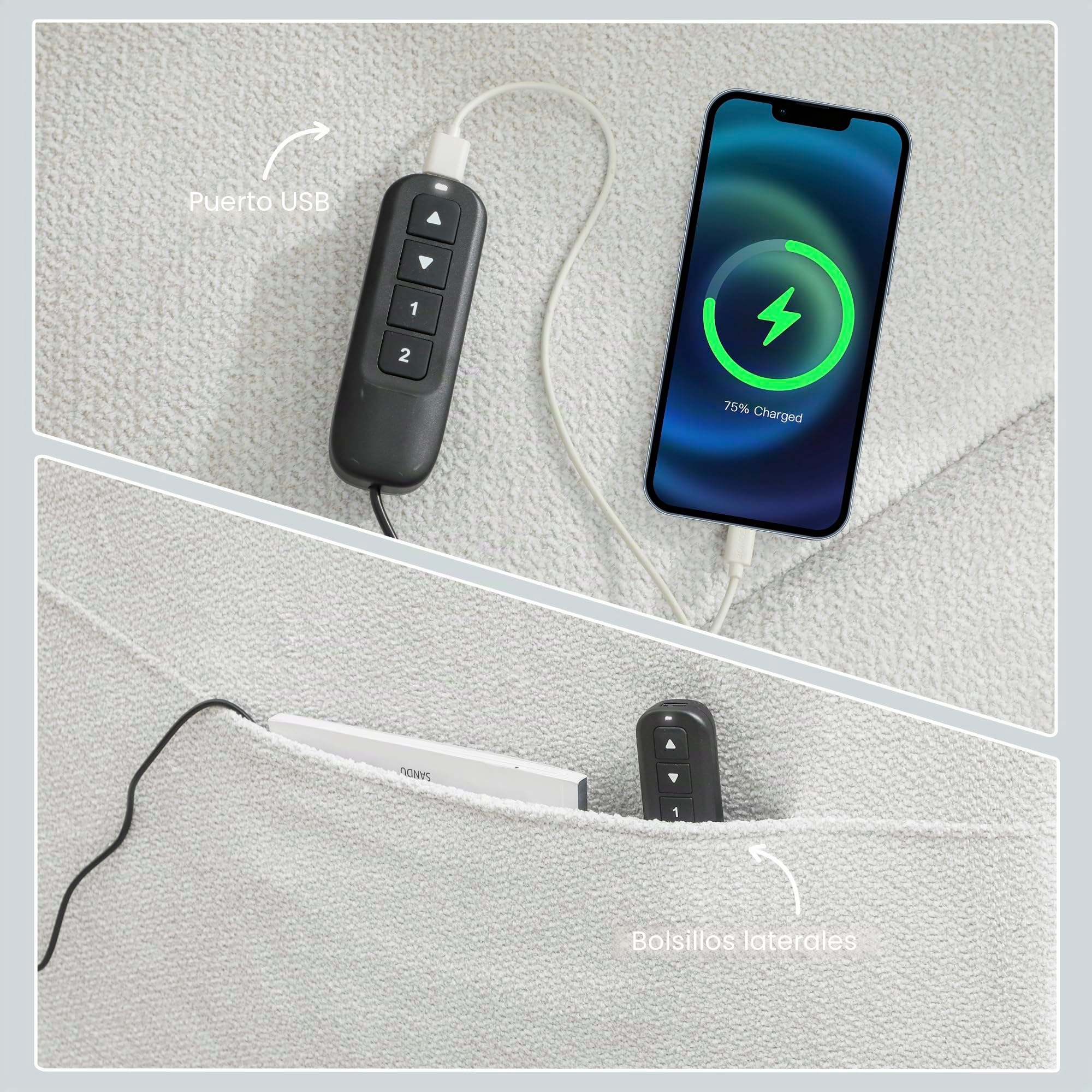 HOMCOM Sillón reclinable eléctrico con Puerto USB Crema | Reposapiés, Bolsillos laterales, Reposacabezas, Mando remoto, Motor silencioso, 2 posiciones de memoria, Sala cine en casa
