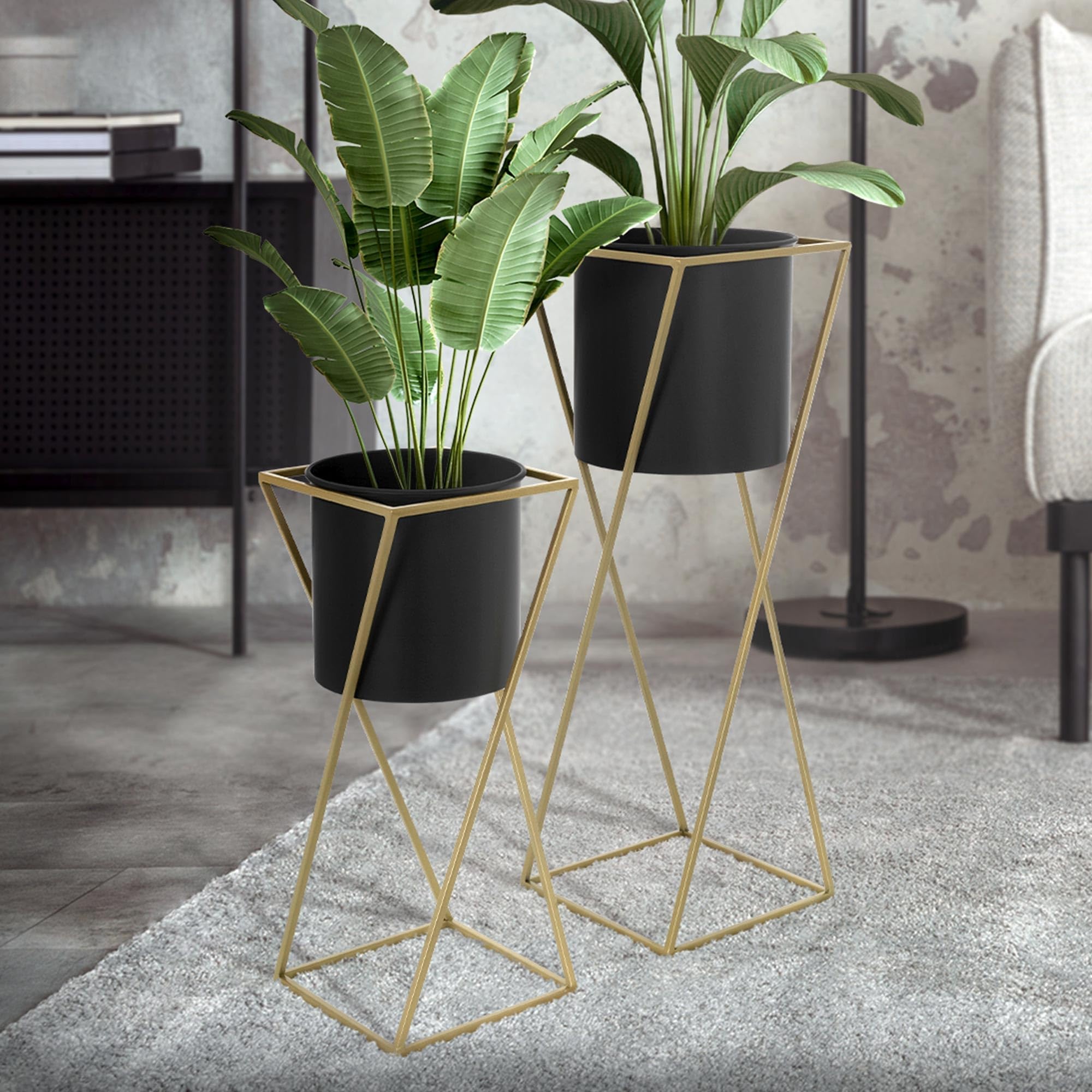 ML-Design 2 Soportes para Plantas de Metal Negro-Dorado Macetero Pedestal 21x21x51/24x24x70,5 cm Jardinera para Interior o Exterior Industrial Decorativo Construcción Robusta y Estable para Flores