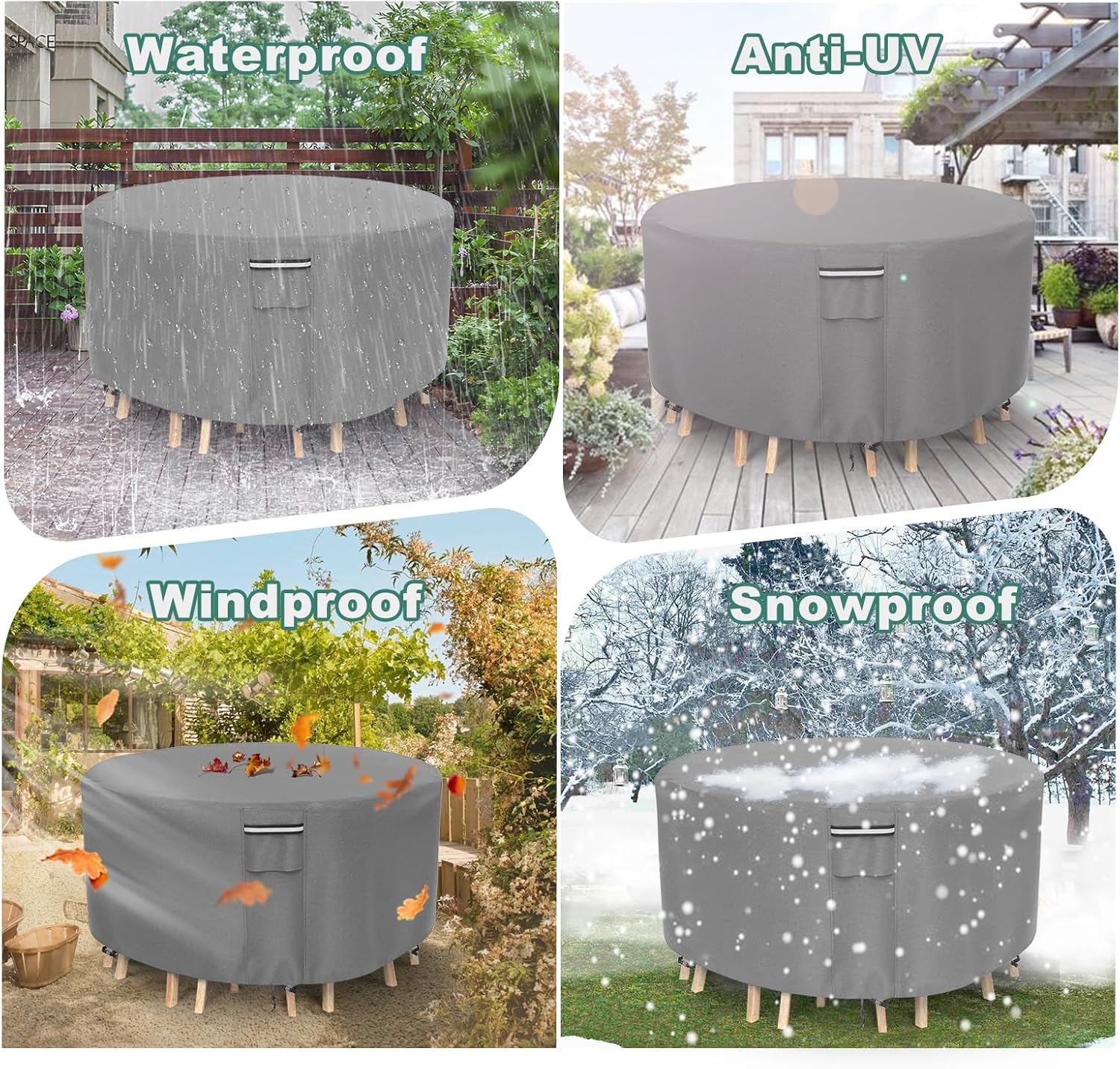 Round Patio Furniture Covers, 500D Heavy Duty Waterproof UV Resistant Cover for Round Outdoor Dining Table & Chairs,62" Dia x 28" H -Gray
