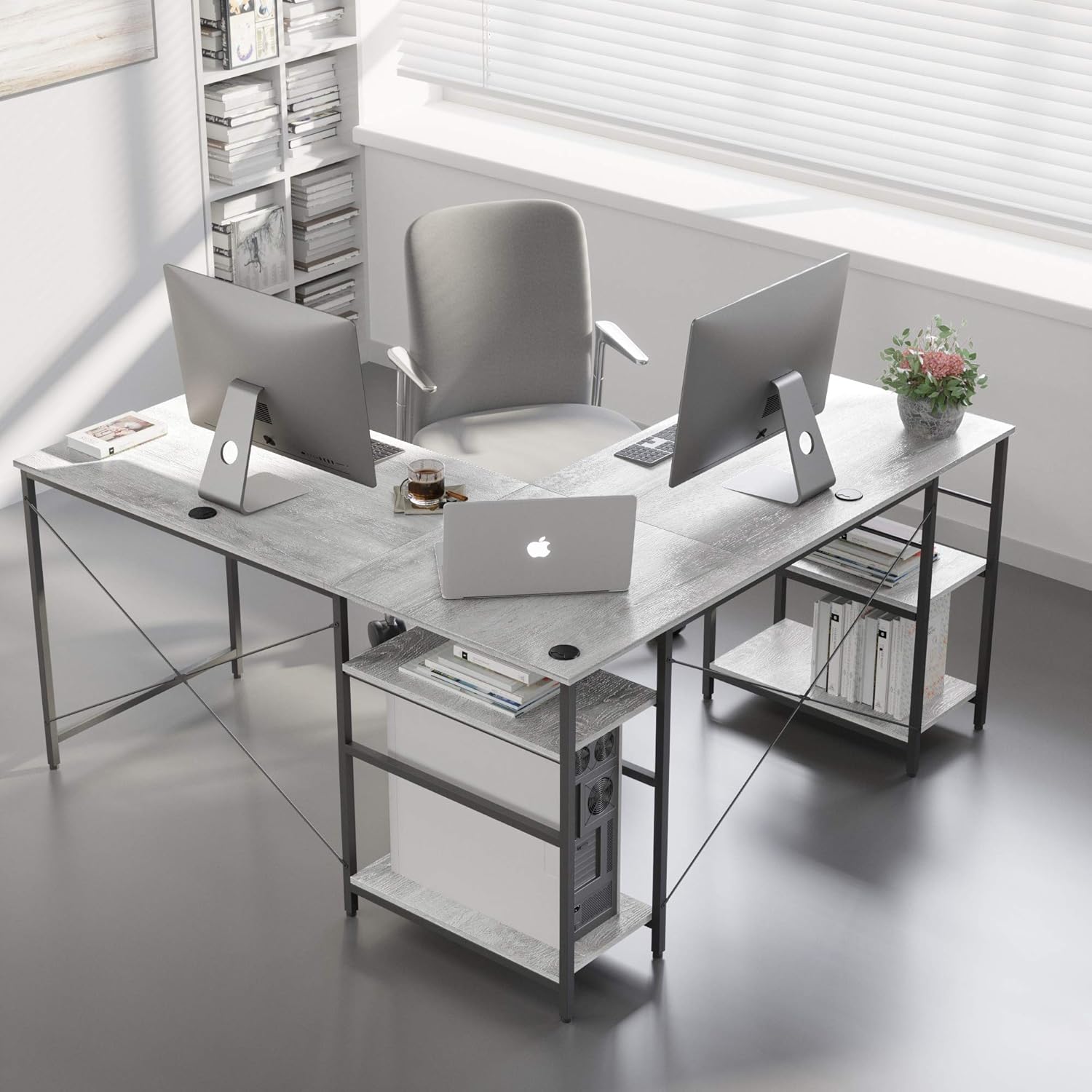 Bestier L Shaped Desk with Shelves 95.2 Inch Reversible Corner Computer Desk or 2 Person Long Table for Home Office Large Gaming Writing Storage Workstation P2 Board with 3 Cable Holes, Grey Oak : Home & Kitchen