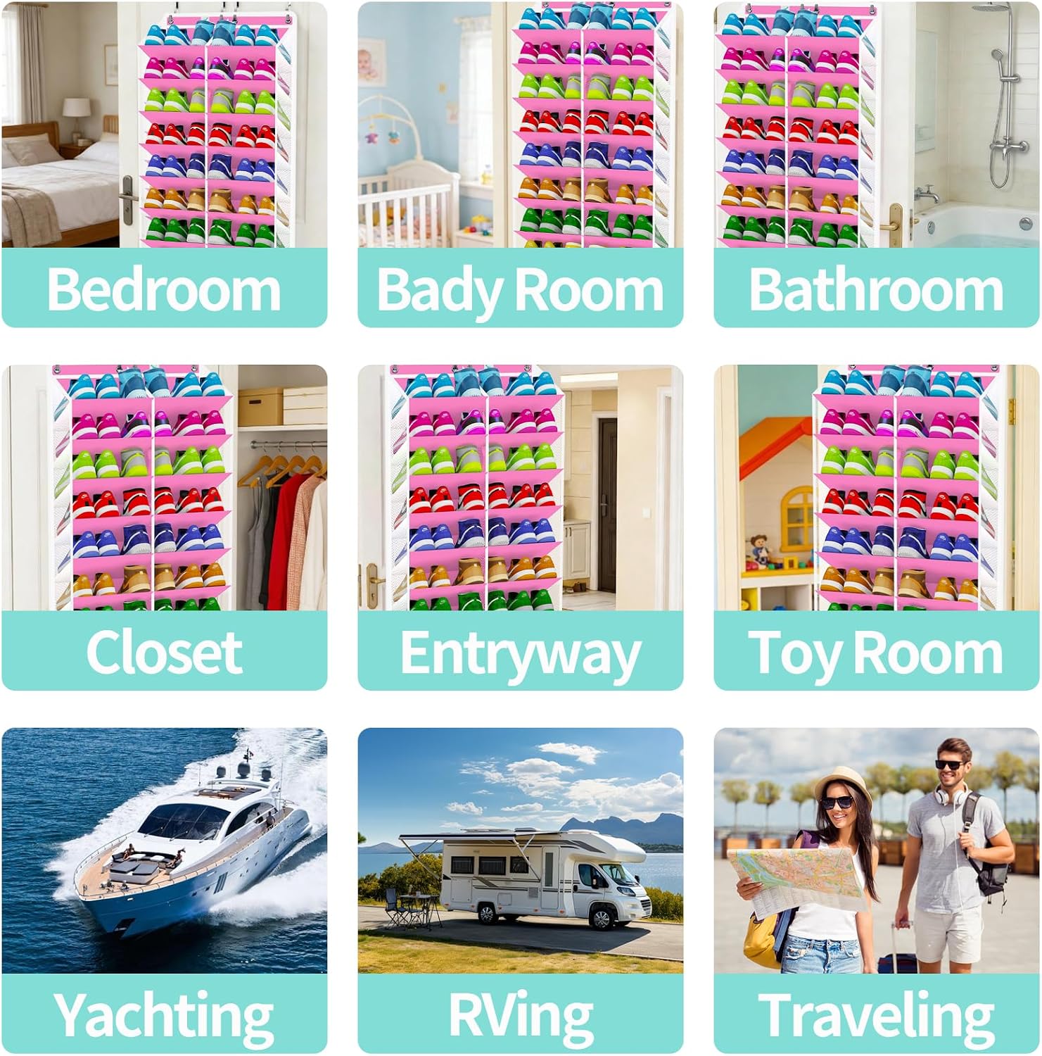 Heavy-Duty, over the door shoe organizer, Extra-Wide Large, shoe organizer, Holds 30 Pairs & Supports 100lbs, shoe rack, with Reinforced Grommets & Bamboo Rods, Fits Men's Size 12 & Boots, Pink
