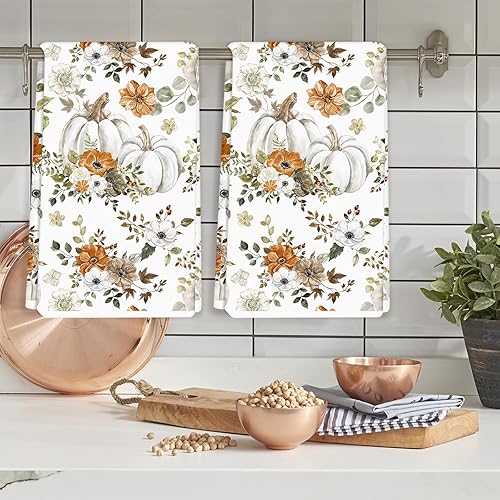 Miniatura 6 de Toalla de cocina de otoño de 18 x 28 pulgadas, acuarela, calabazas blancas, hojas, paño de cocina decorativo de otoño para secado de manos para