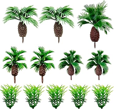 Cayway 12 PCS Model Trees Coconut Palm and Miniature Grass Model, Model Trees for Model Train Railway Architecture Diorama DIY Scenery Landscape, Cake Decoration