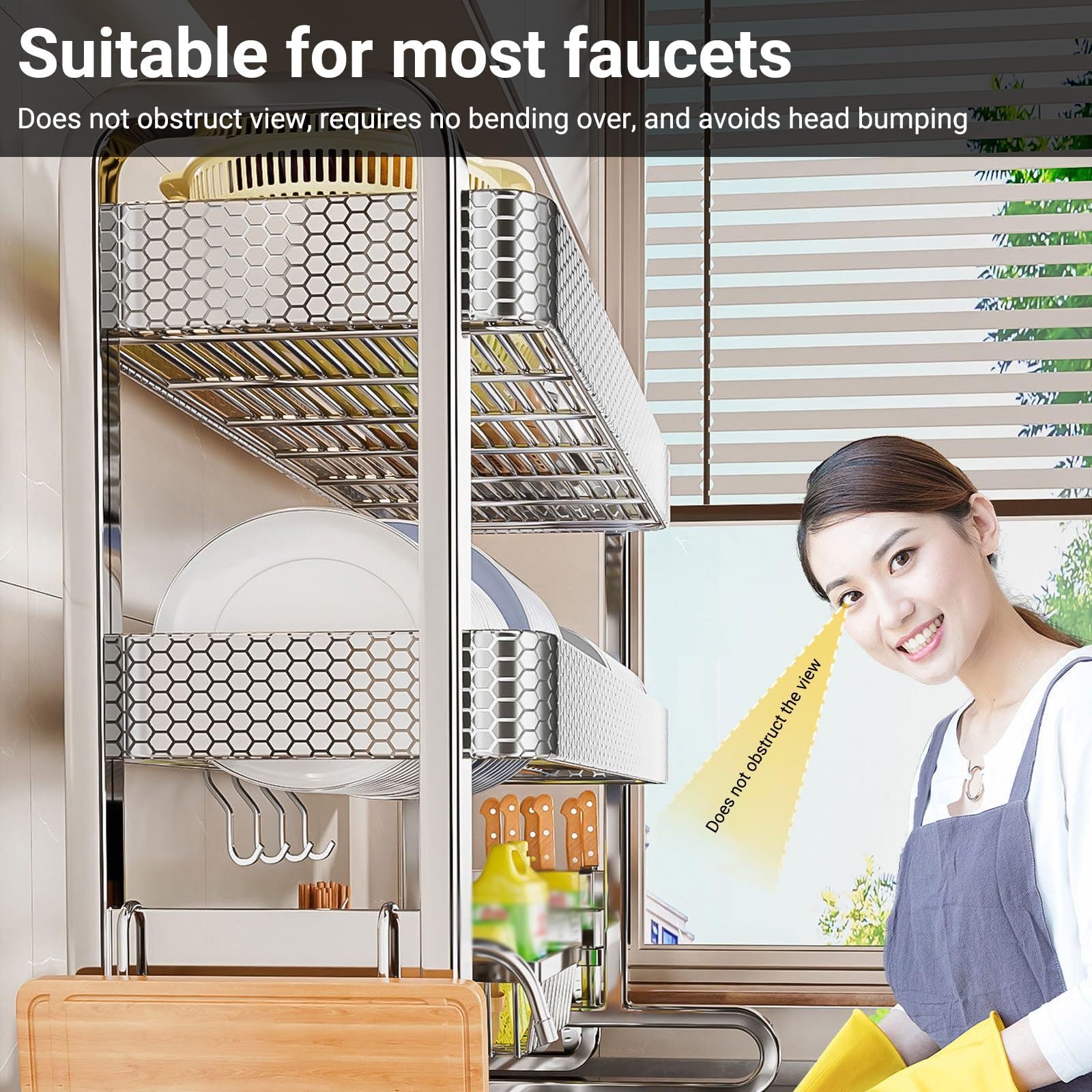 Escurridor de platos de acero inoxidable de 2 niveles sobre el fregadero, escurridor de encimera de cocina con soporte para utensilios para platos, vasos y cubiertos
