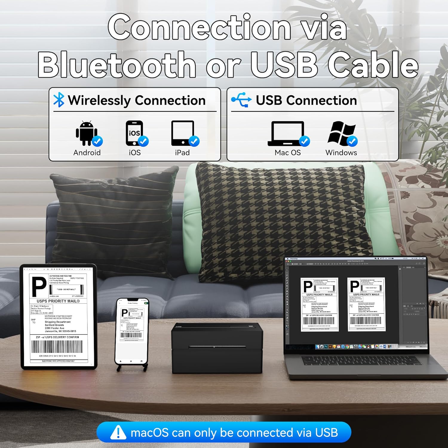 Connection via Bluetooth or USB Cable