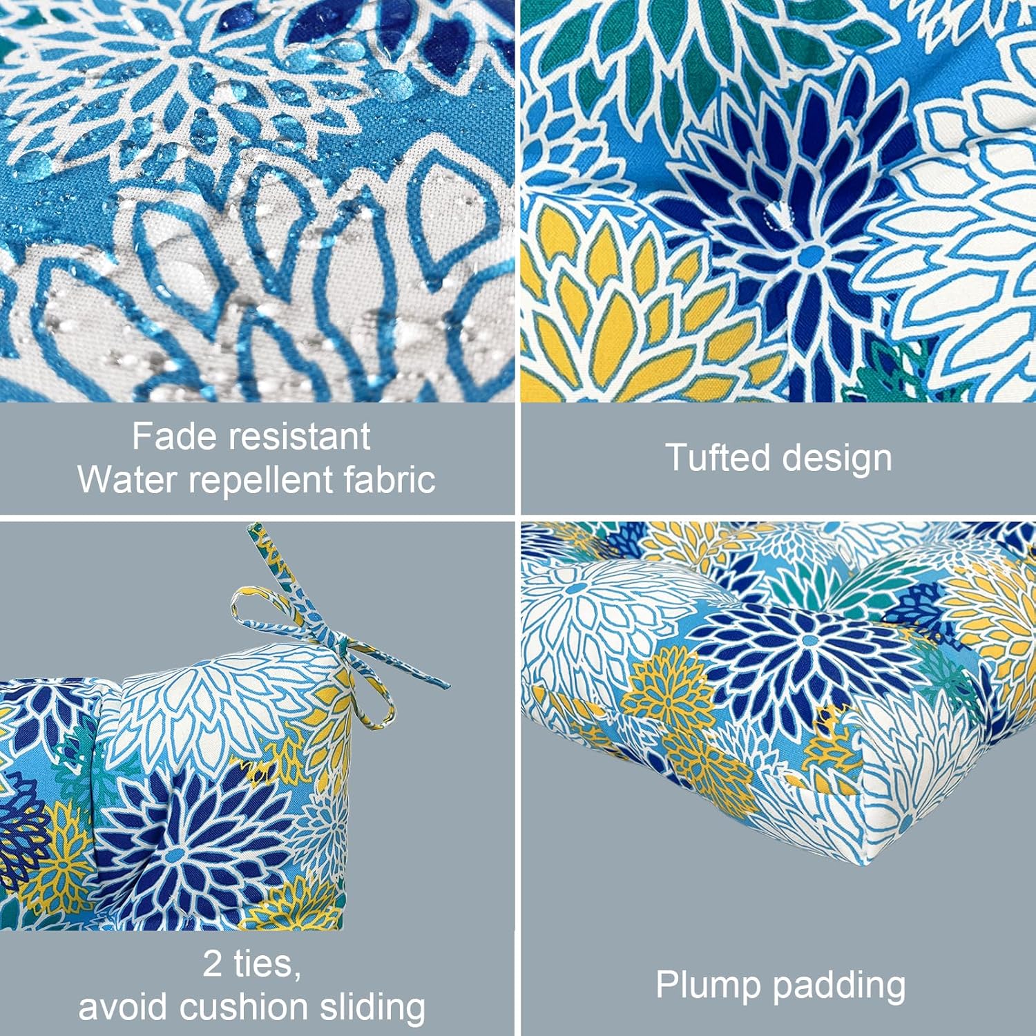 LVTXIII Outdoor Wicker Chair Cushions, 19"x19"x4" Patio Chair Cushions with Ties, Water Repellent Thick Tufted Seat Cushions for Patio Furniture, Set of 2, Dahlia Blue