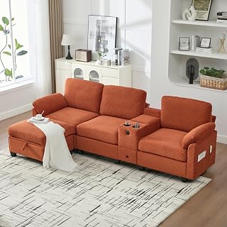L-Shape Corduroy Sectional Sofa, 4-Seat Modular Couch with Movable Console, Dual Cup Holders, USB & Type-C Charging Port, Hidden Storage Compartment Flip-Top Tray, Storage Ottoman (Orange)