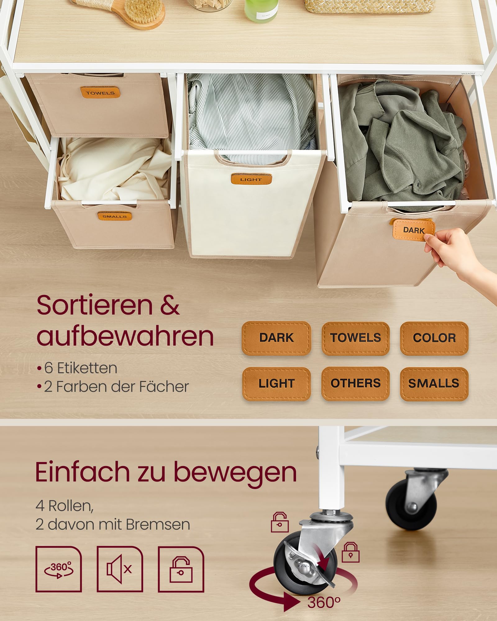 VASAGLE Wäschekorb, Wäschesammler, Wäschesortierer, Rollen, Wäschewagen mit Ablage, kleine seitliche Taschen, 6 Etiketten, 4 Fächer, 150 L, naturbeige-kamelbraun-cremeweiß BLH203N01