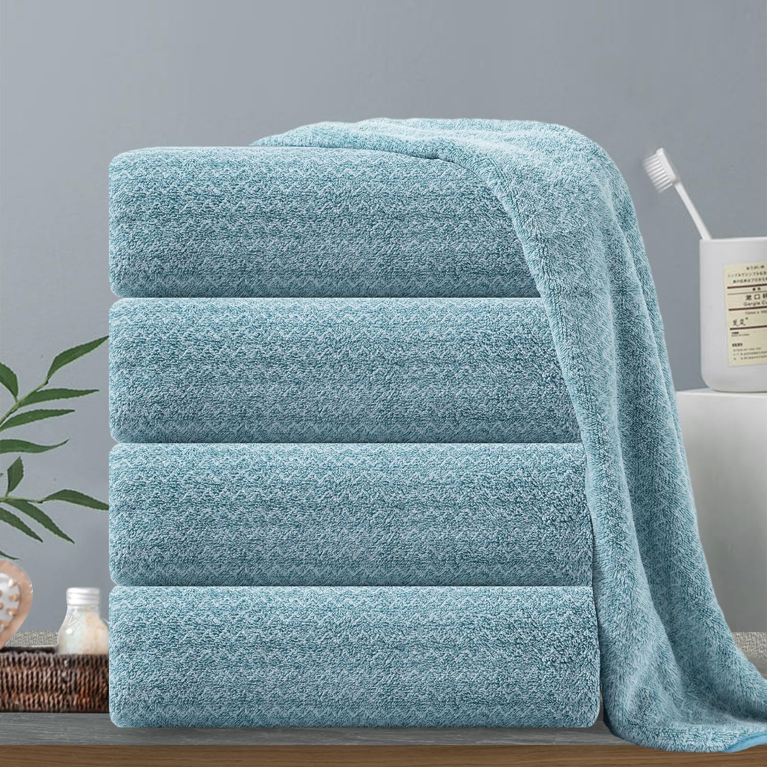 4 Piece Large Bath Towel 35"x70" Oversized Bath Sheet Turquoise Bathroom Towel Extra Large Bath Towel Set 600GSM Soft Highly Absorbent & Quick Dry Jumbo Bath Towel for Bathroom Beach Chair Spa Hotel