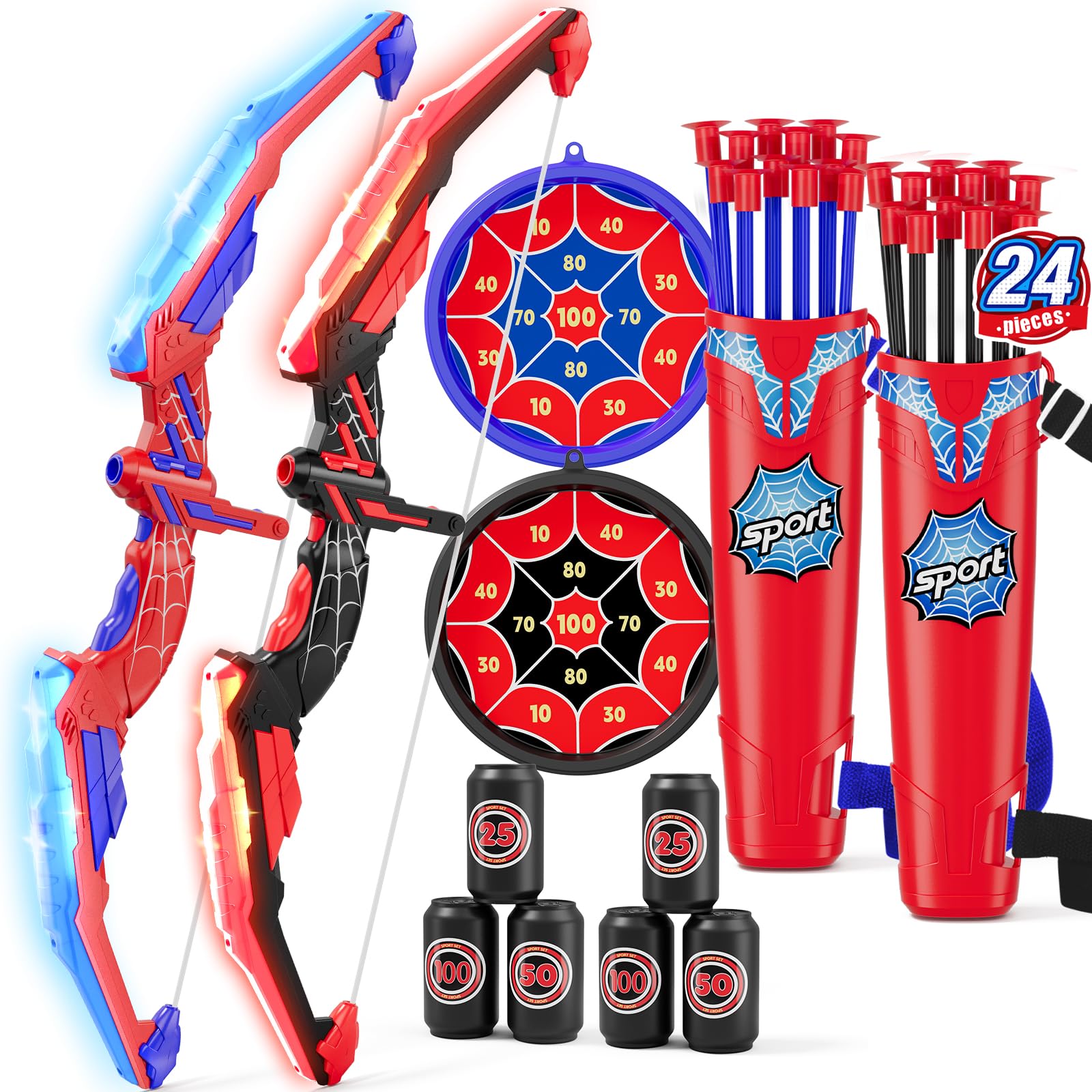 HYES Tir à l'arc Flèche et Arc pour Enfants, Kit de Arc et Flèche Jouet avec Lumières LED, Flèches à Ventouse, Cible, Flèches et Cibles de Score, Jouet d'Intérieur et d'Extérieur