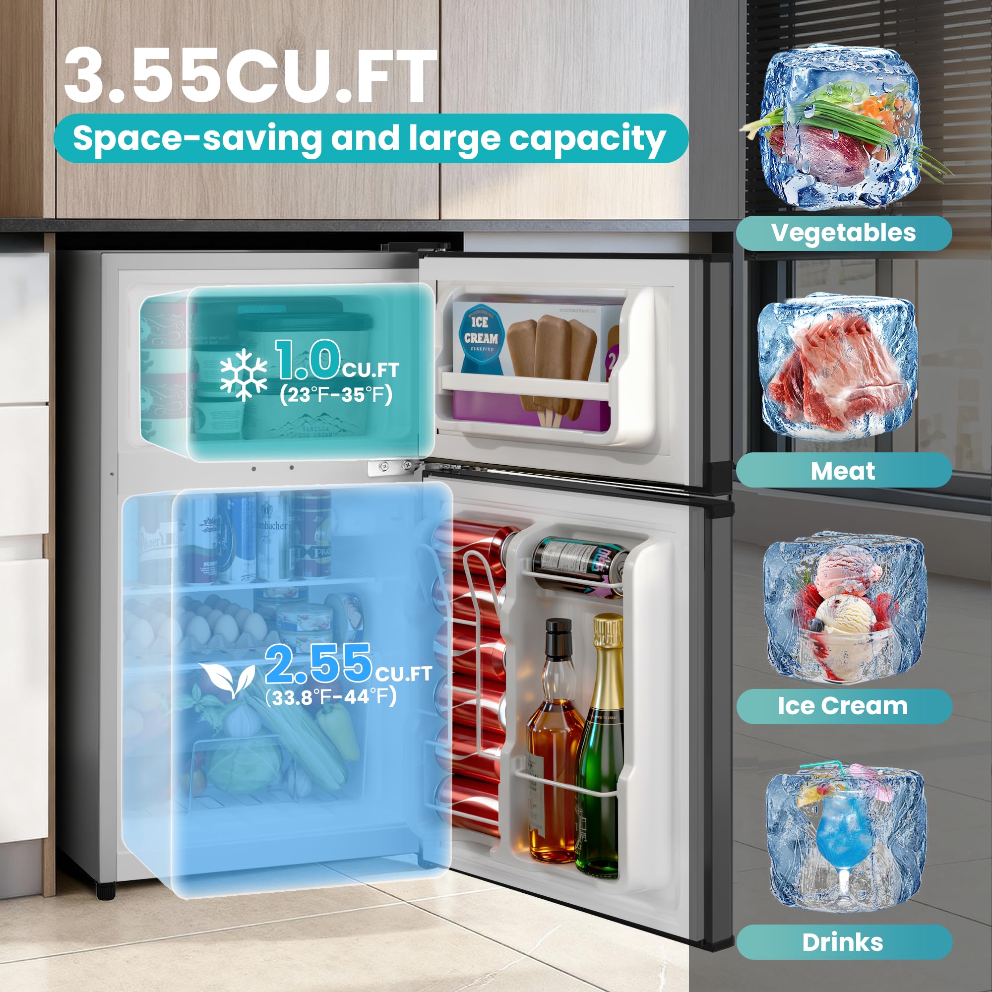 Tehanld Double Door Refrigerator with Freezer, 3.55 Cu.Ft, Small Fridge with Freezer, 7 Settings Temperature Adjustable, Mini Refrigerator for Office and Apartment Bedroom Dorm(3.55 Cu.Ft, Black) on Fridge.com