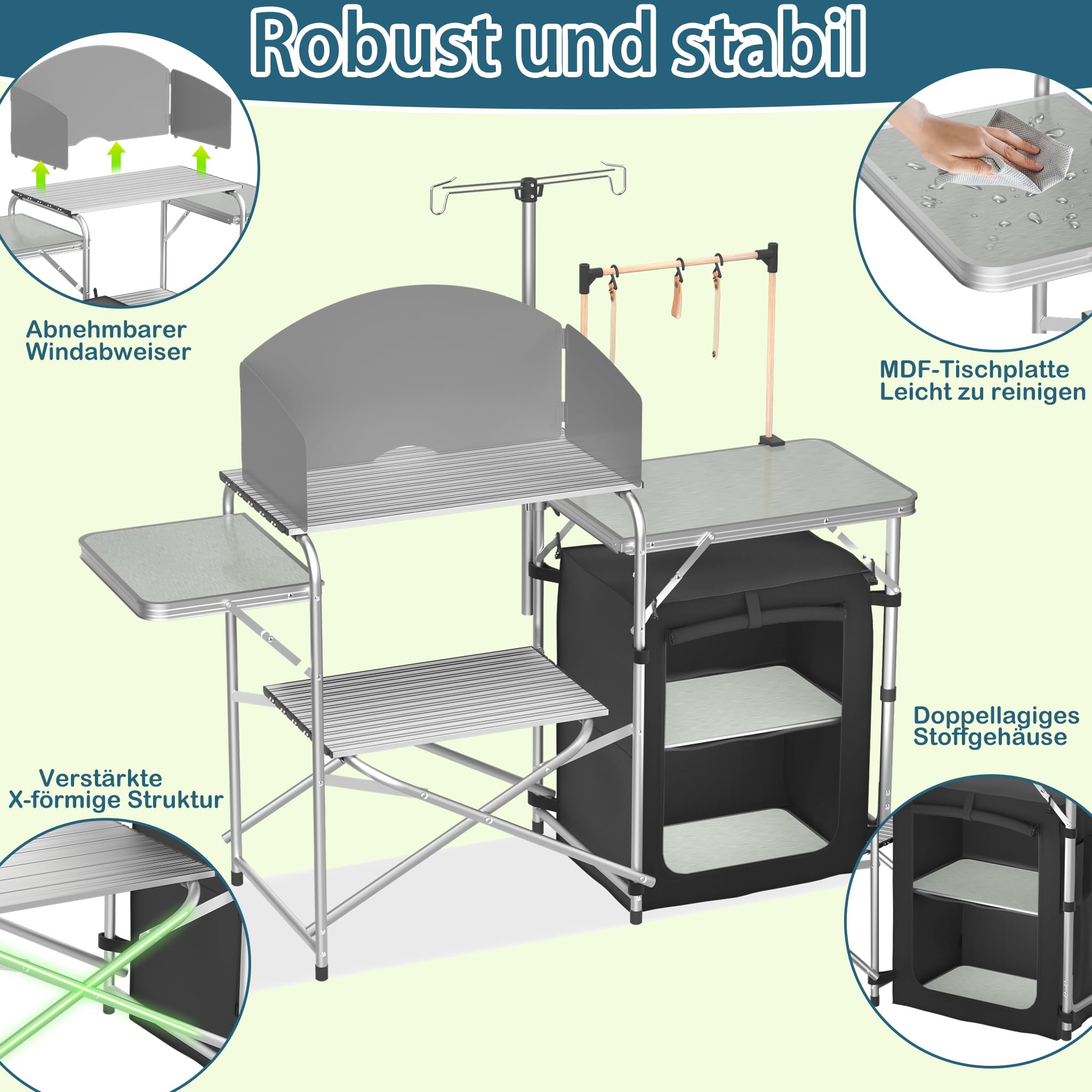 XMTECH Szafka kempingowa składana, kuchnia kempingowa z aluminiową ramą i ochroną przed pryskaniem, kuchnia podróżna na kemping, szafka kuchenna, ok. (dł.) 146 cm x (szer.) 46 cm x (wys.) 141 cm