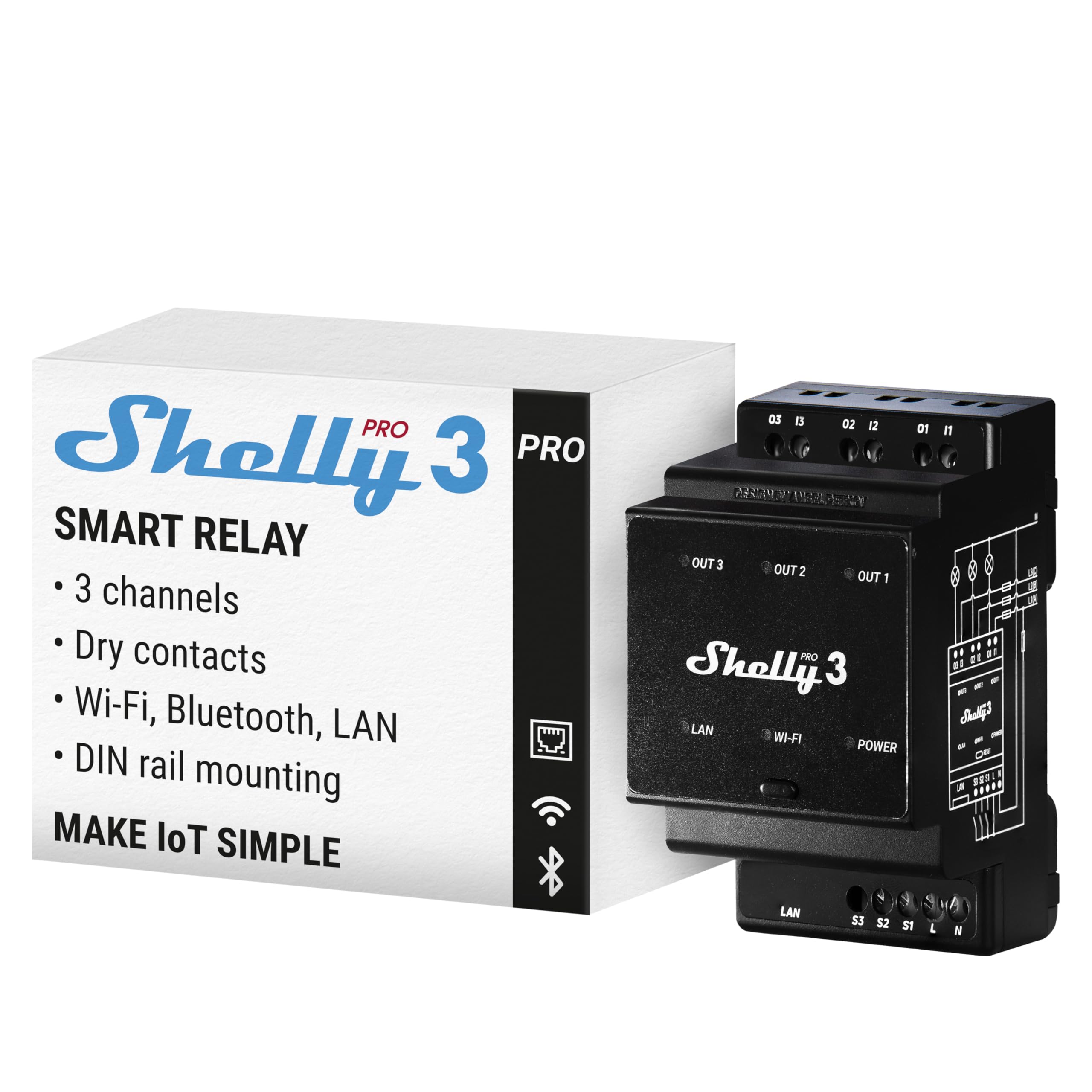 Shelly Pro 3, Relè a 3 canali Wi-Fi, LAN e Bluetooth, 48A, Domotica casa, Compatibile con Alexa e Google Home, App iOS Android, Automazione dell'illuminazione, Comando di valvole motorizzate