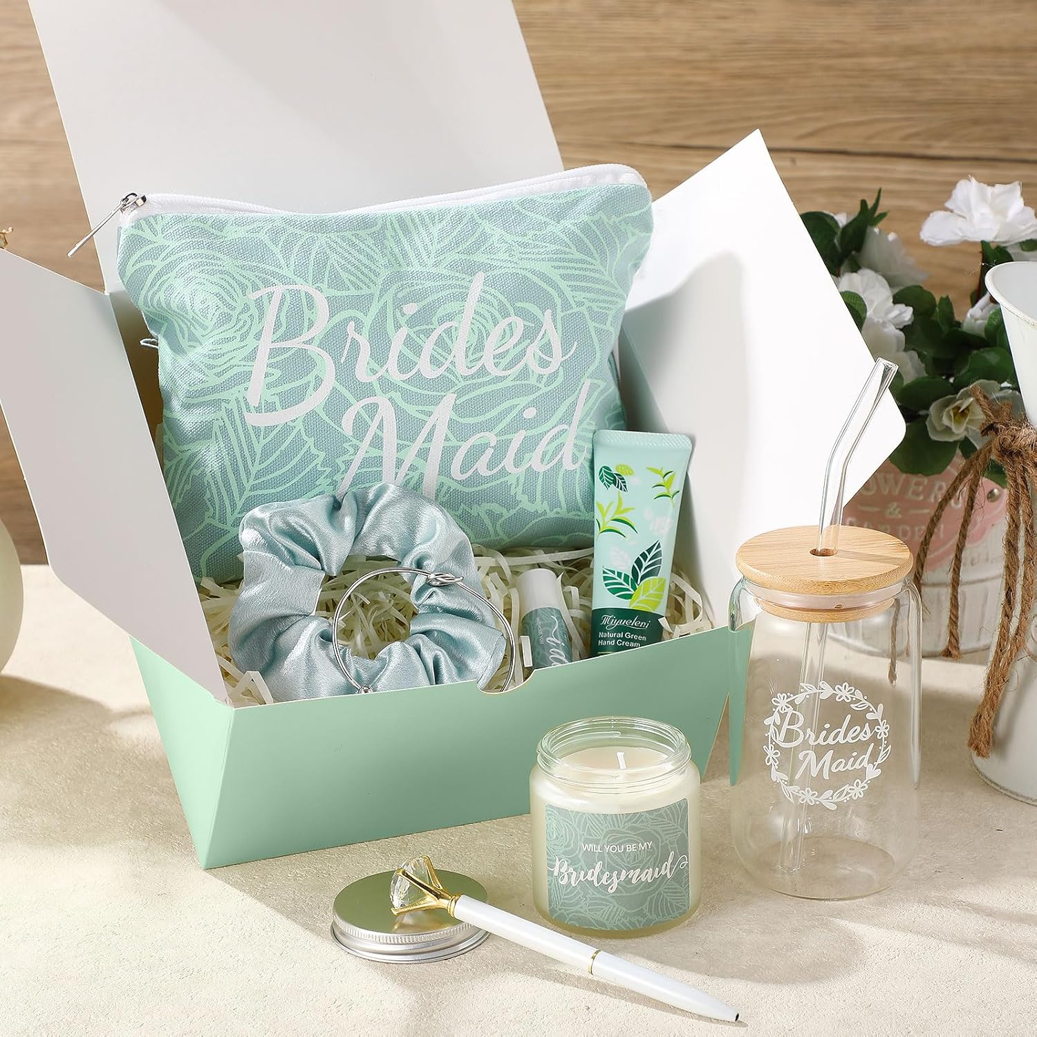 Meanplan 14 Pcs Bridesmaid Proposal Gifts Set, Will You Be My Bridesmaid Gifts with Proposal Box Glass Cup Makeup Bag Cards Lip Balm Hand Cream Candle Scrunchie Bracelet Diamond Pen for Wedding(Green)