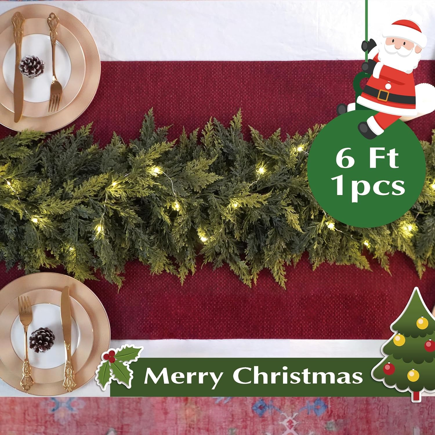 Cedar Real Touch Garland with Lights, 6Ft Pre-Lit Garlands Christmas Decorations, Thickness Realistic Greenery Artificial Pine Garland, Thickness Faux Cedar Garlands for Mantle Xmas Decor - Image 5