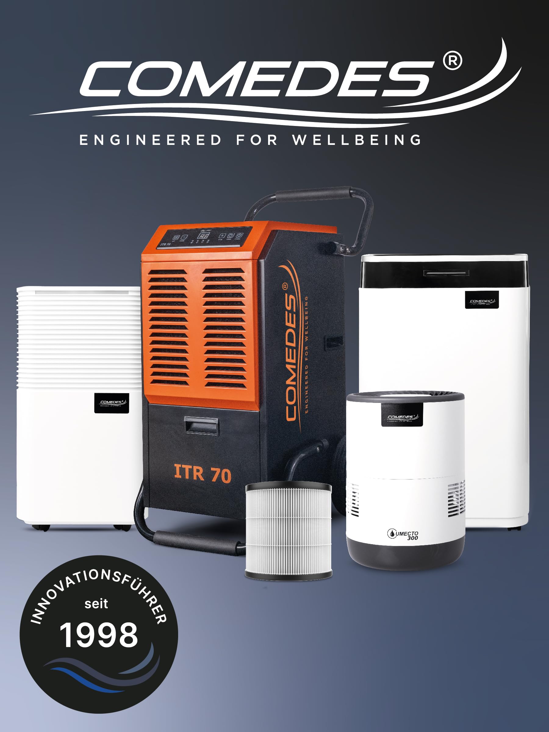 Comedes Demecto 16 eco WiFi osuszacz PowerDrain pompa kondensatu - nadaje się do salonów i piwnic o powierzchni do 65 m², sterowanie aplikacją, ciche, przyłącze węża, w zestawie wąż 3 m